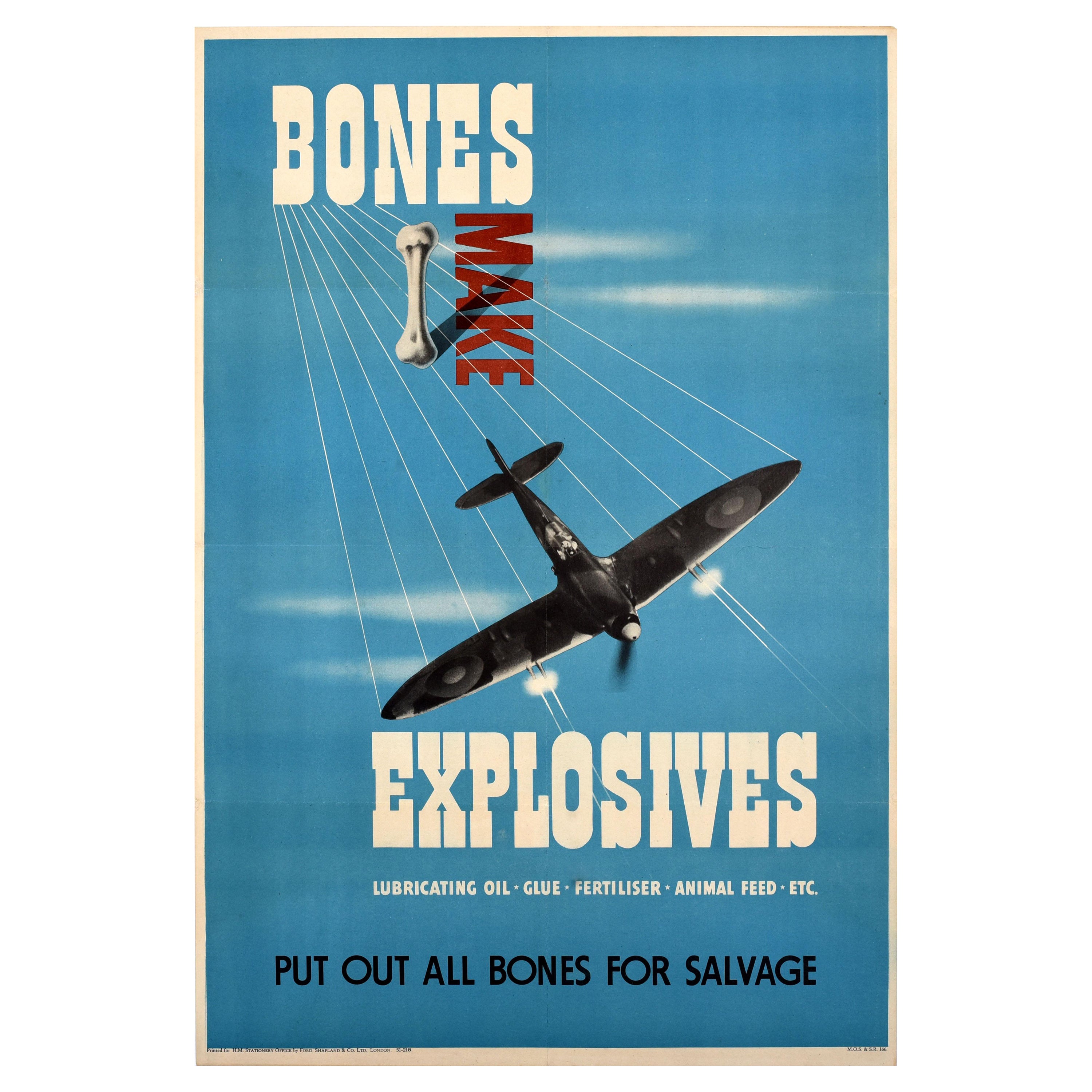 Original Vintage War Home Front Recycling Poster Bones Make Explosives WWII