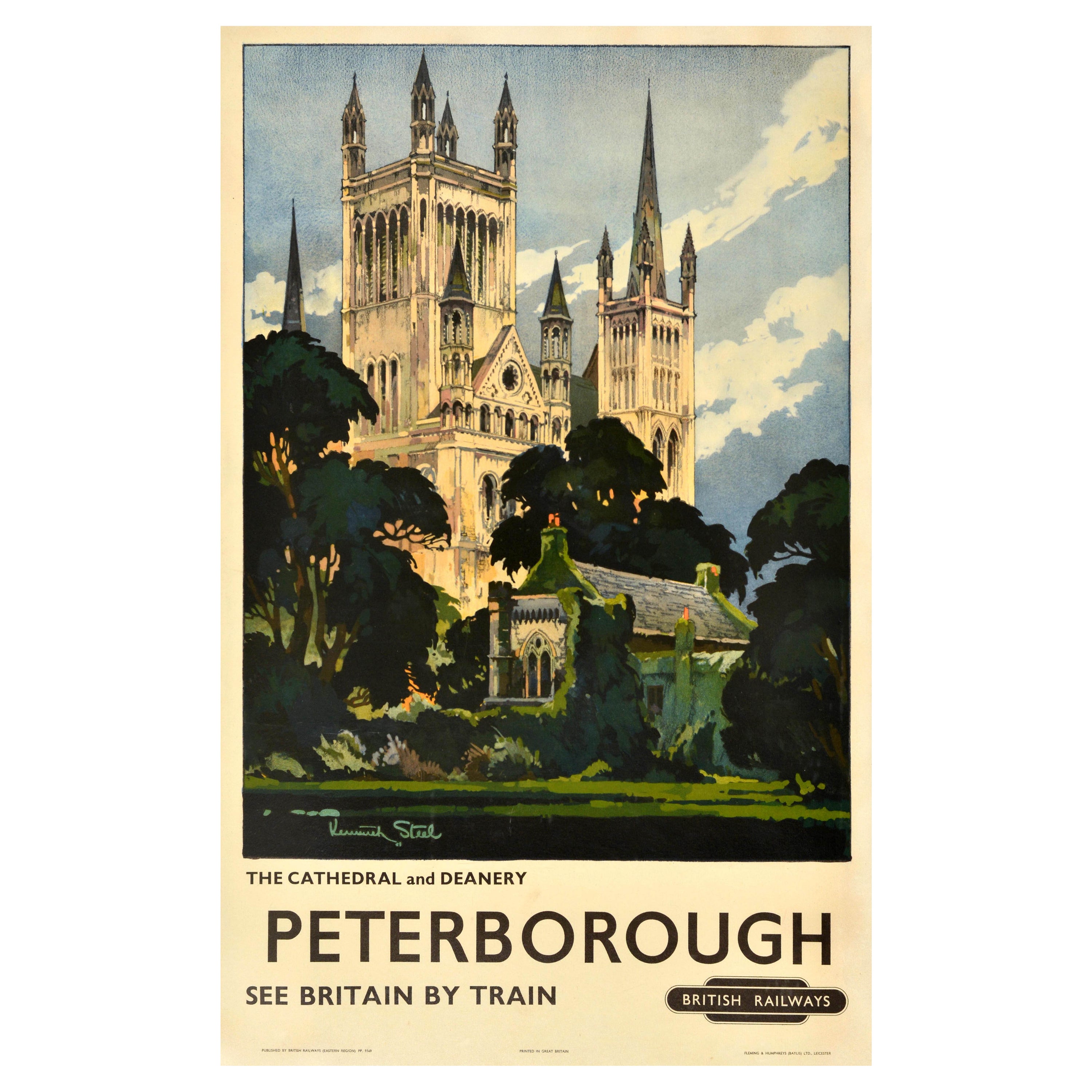 Póster original vintage de viaje en tren Catedral de Peterborough British Railways