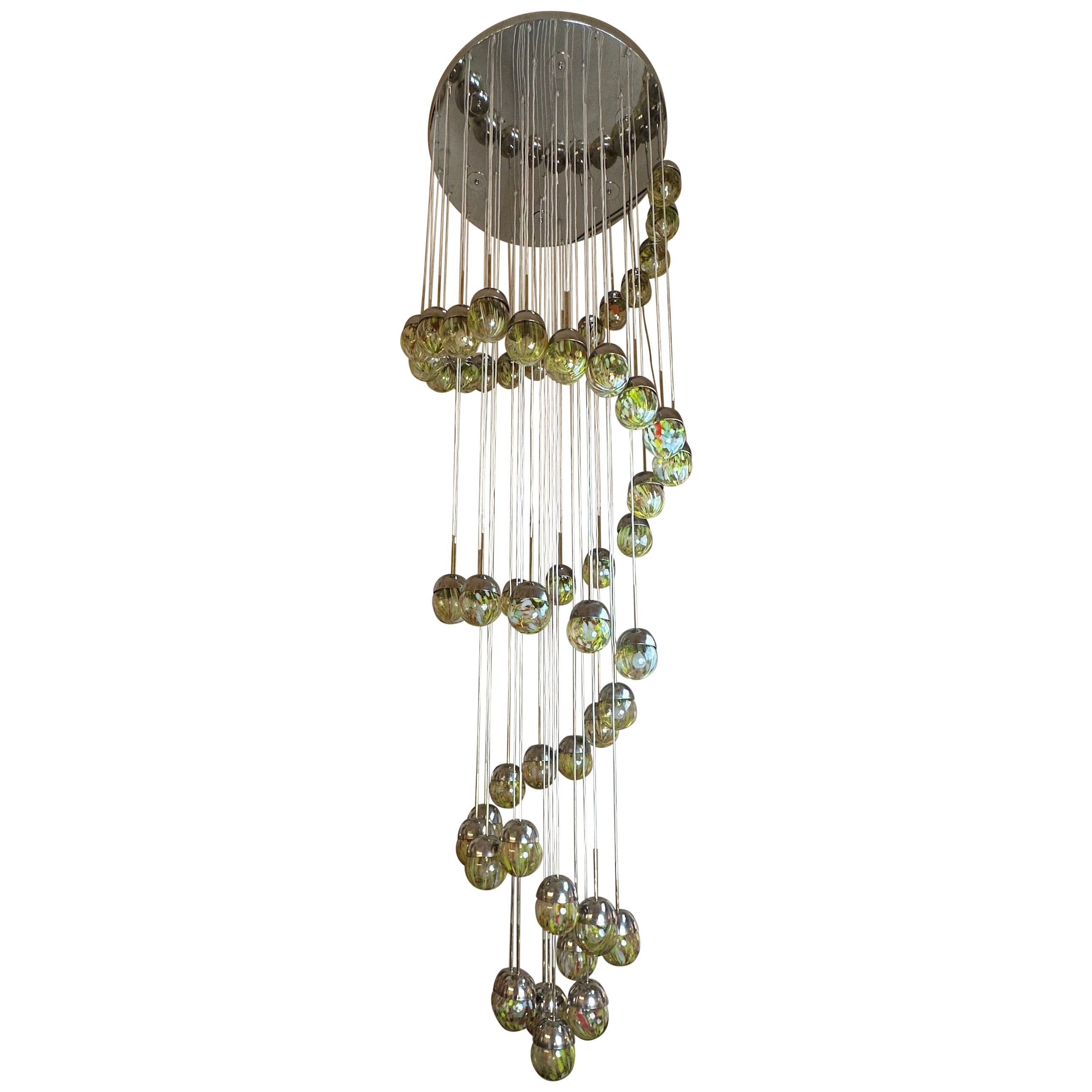 Late 20th Century Chrome, Brushed Steel, Brass & Murano Glass Cascade Chandelier For Sale