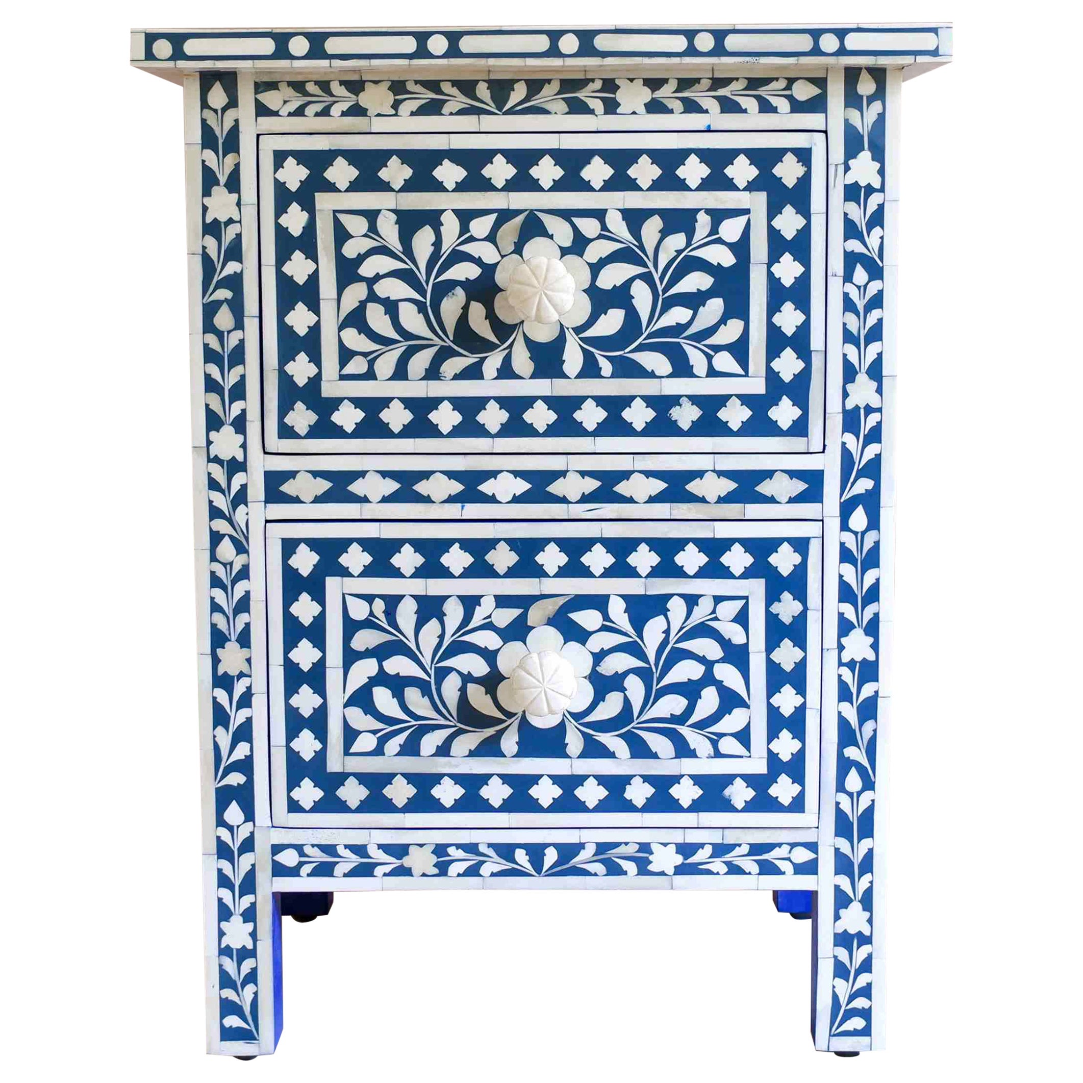 Table de chevet Syahi faite à la main, incrustation d'os indien bleu marine en vente