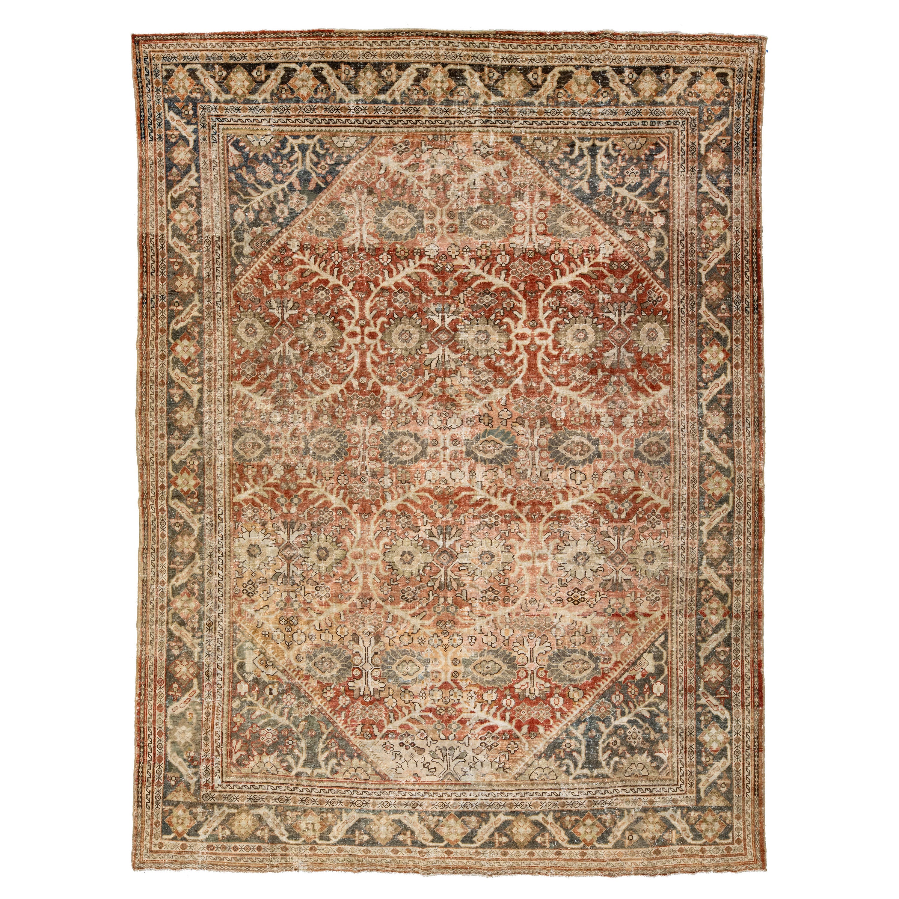 10 x 13 Antique Mahal Wool Rug In Rust Color with Allover Motif For Sale