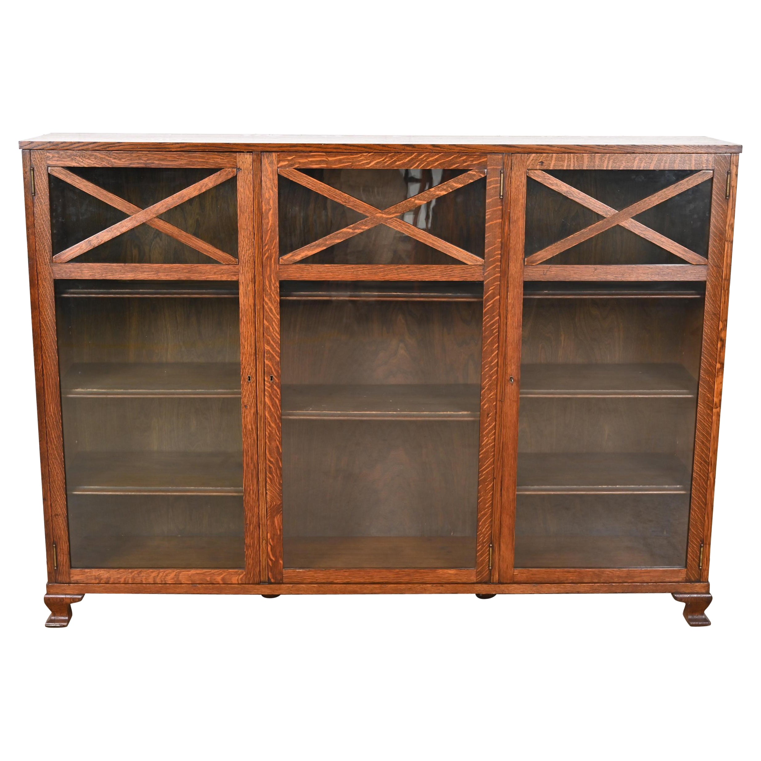 Stickley Brothers Style Antique Arts & Crafts Oak Glass Front Triple Bookcase For Sale