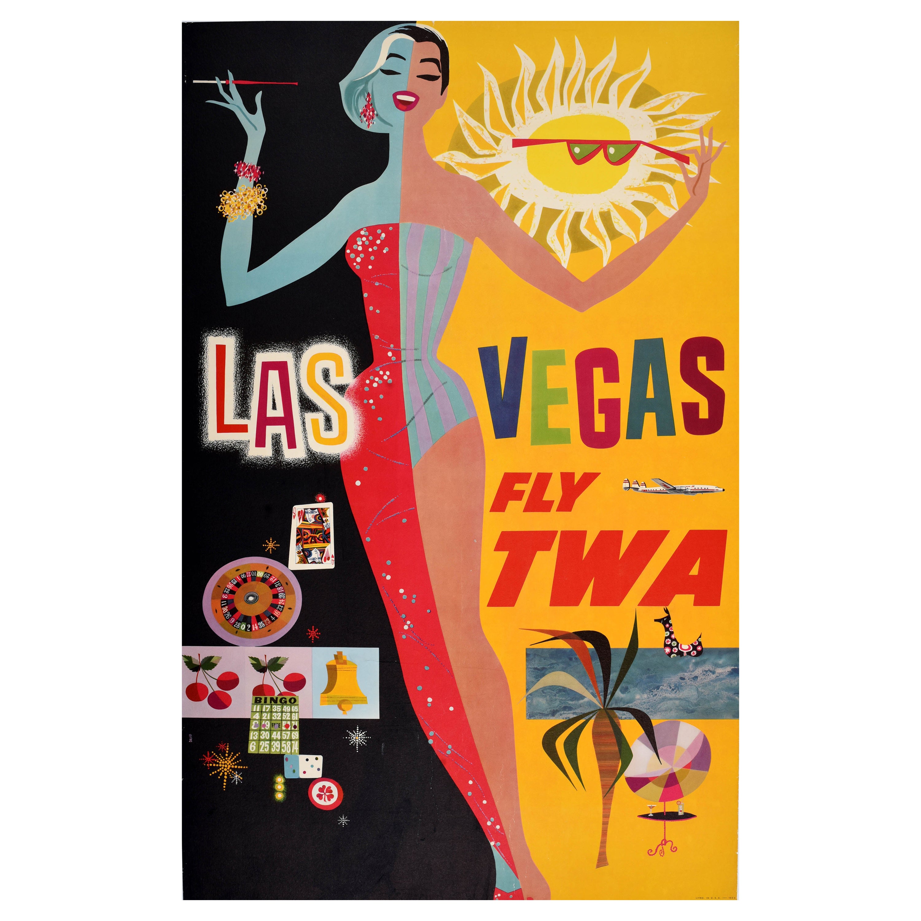 Affiche vintage originale de voyage d'une compagnie aérienne Las Vegas TWA David Klein, milieu du siècle dernier 