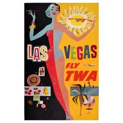 Original Used Airline Travel Poster Las Vegas TWA David Klein Midcentury 
