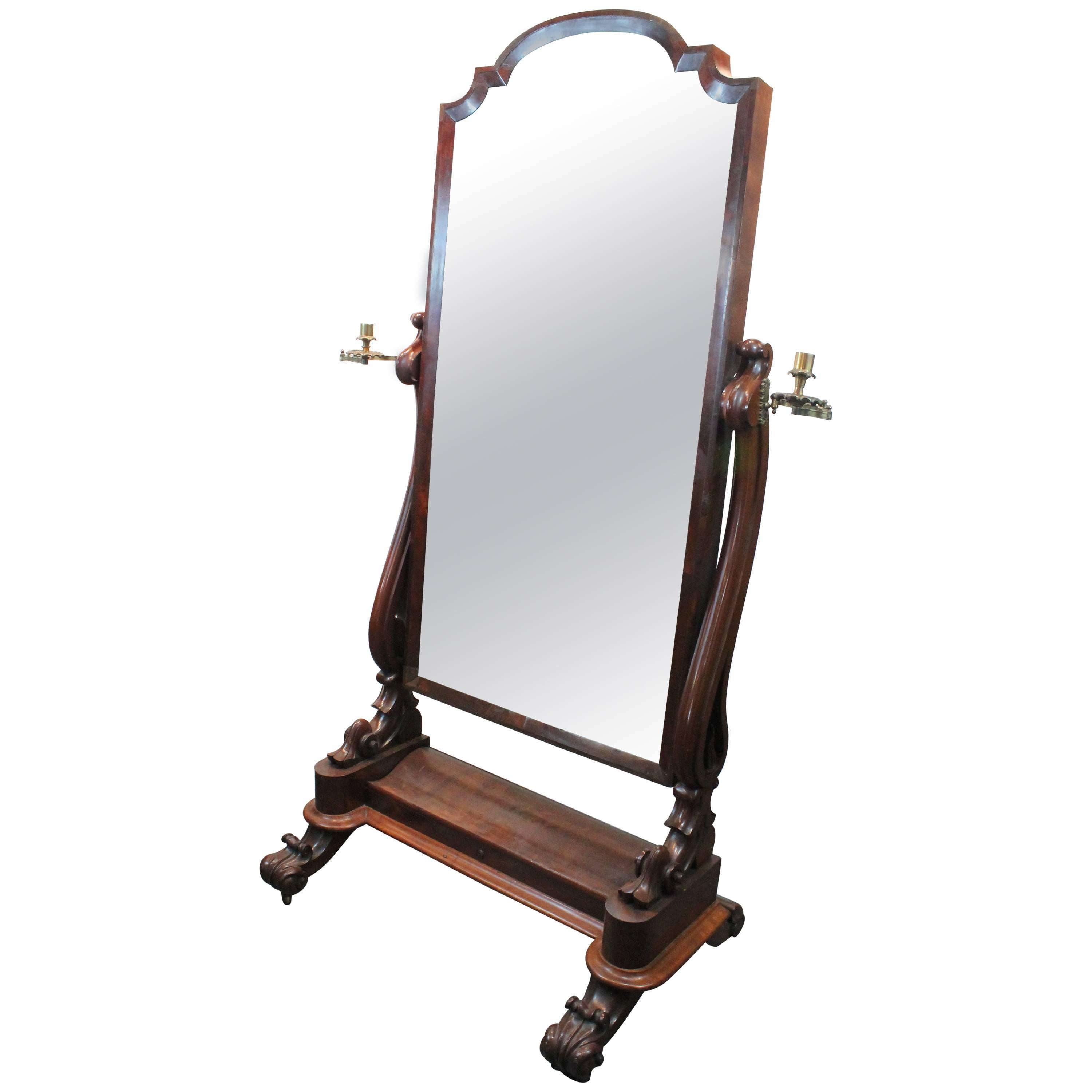 1850s English Mahogany Cheval Glace Mirror For Sale