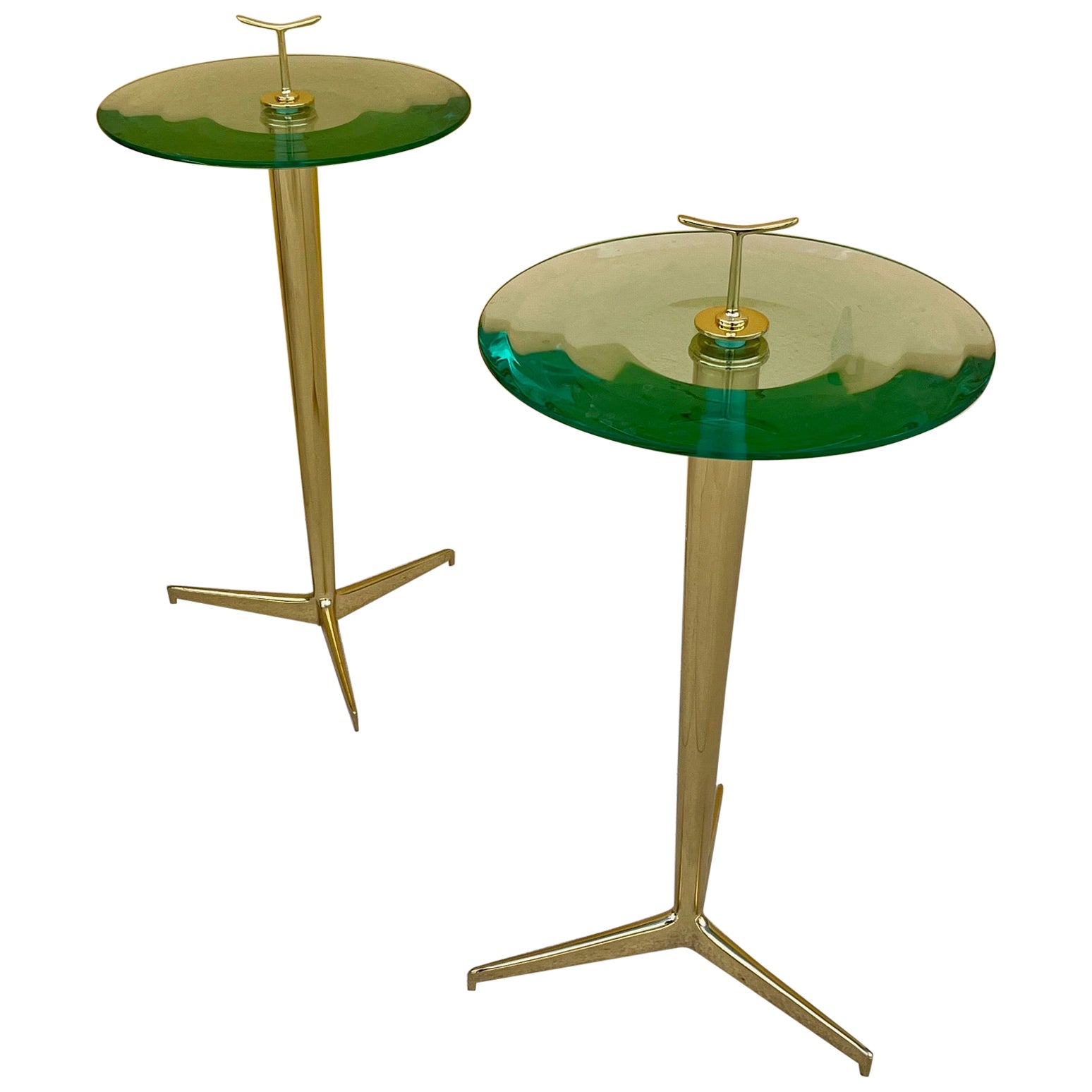 Pair of brass tripod tables with lens glass tops . Italy, late 20th century 