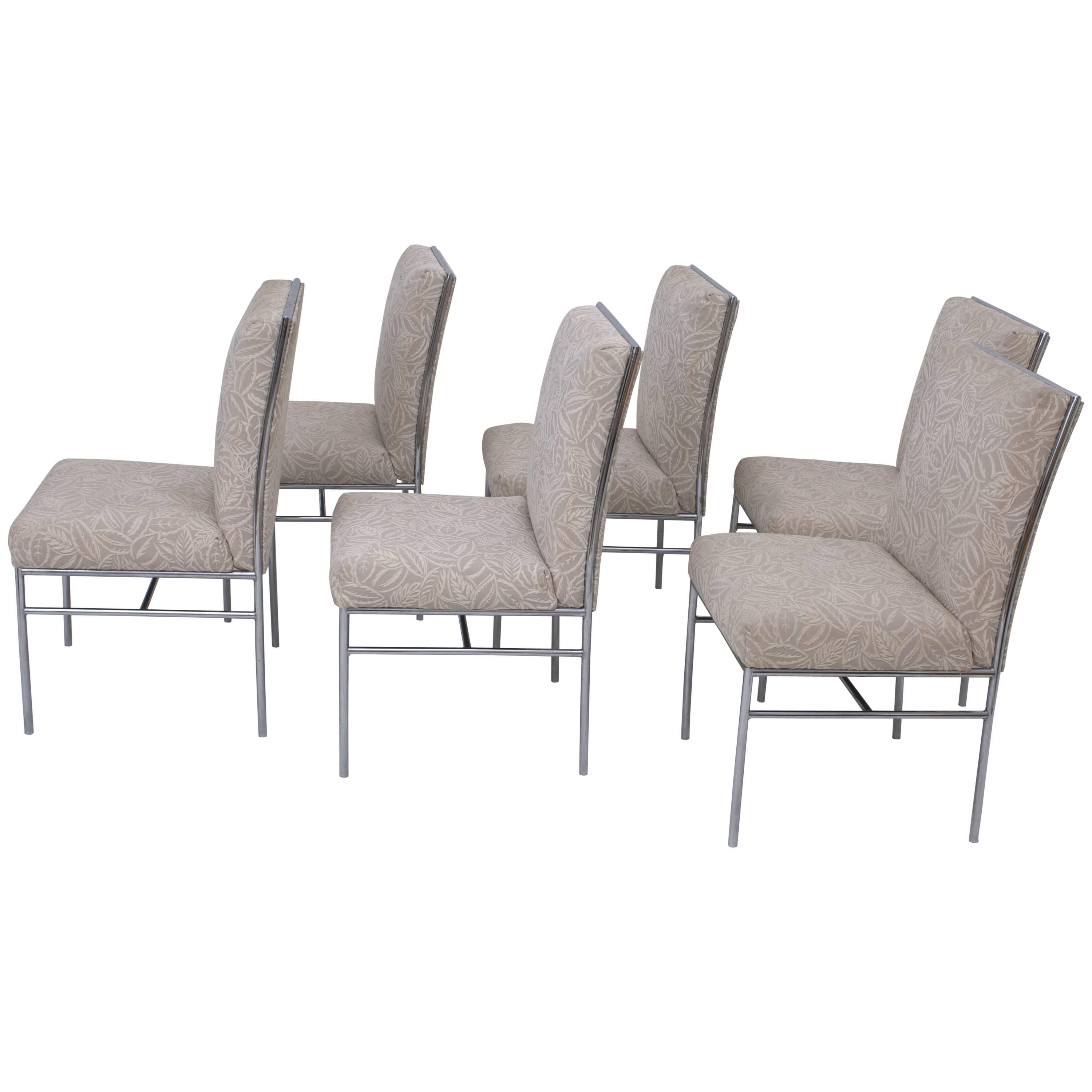 Set of Six Chrome Milo Baughman Style Dining Chairs Original Fabric