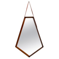 Retro Mid Century Inset Mirror with Walnut Frame and Leather Hanging Strap