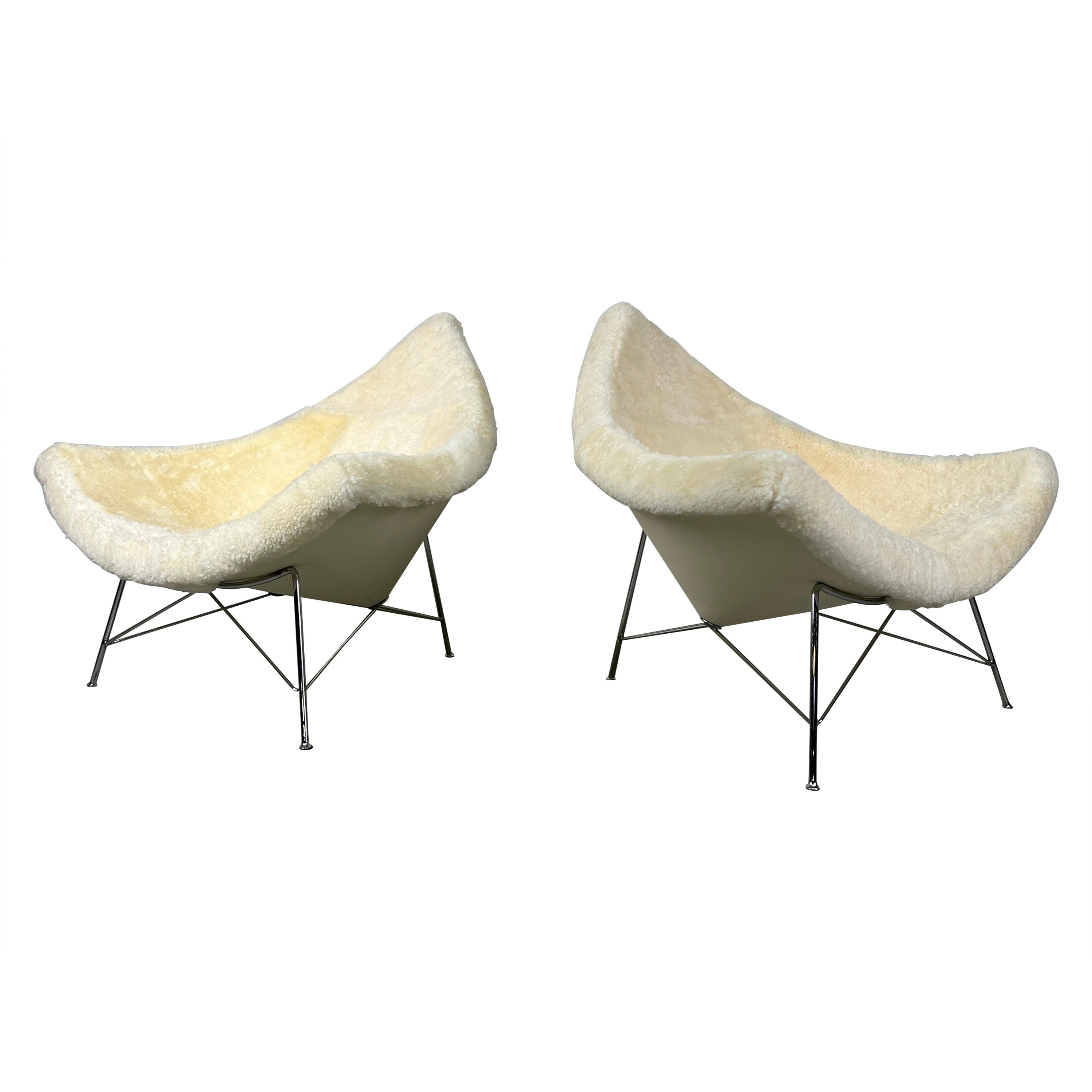 Pair of Early Coconut Chairs by George Nelson for Herman Miller in Shearling  For Sale