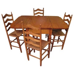 Antique  Dining Table and Four Chairs w/ Rush Seats Early 19thc American Tiger Maple