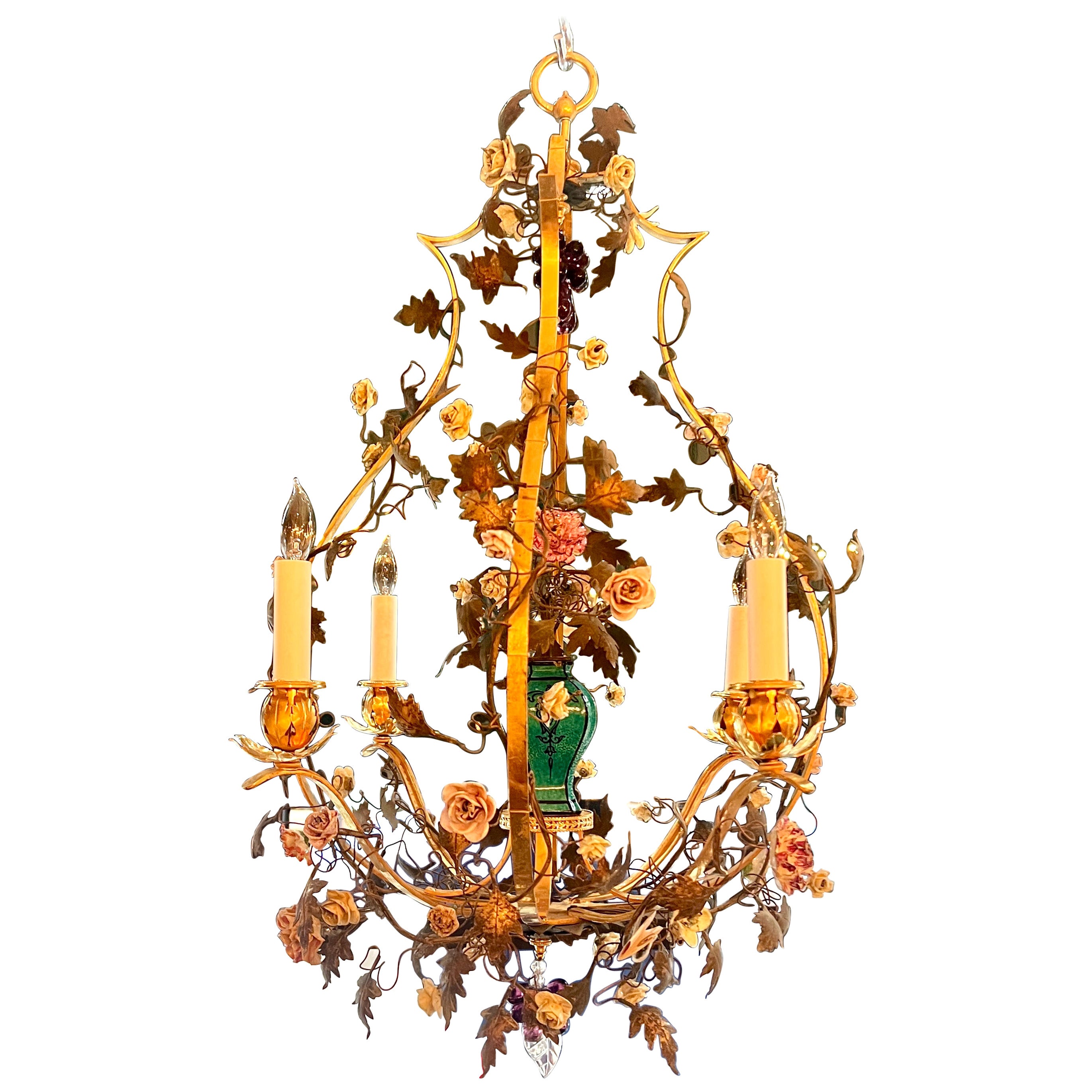 Antique 19th Century French Tole and "Saxe" Porcelain Flowers Chandelier. For Sale