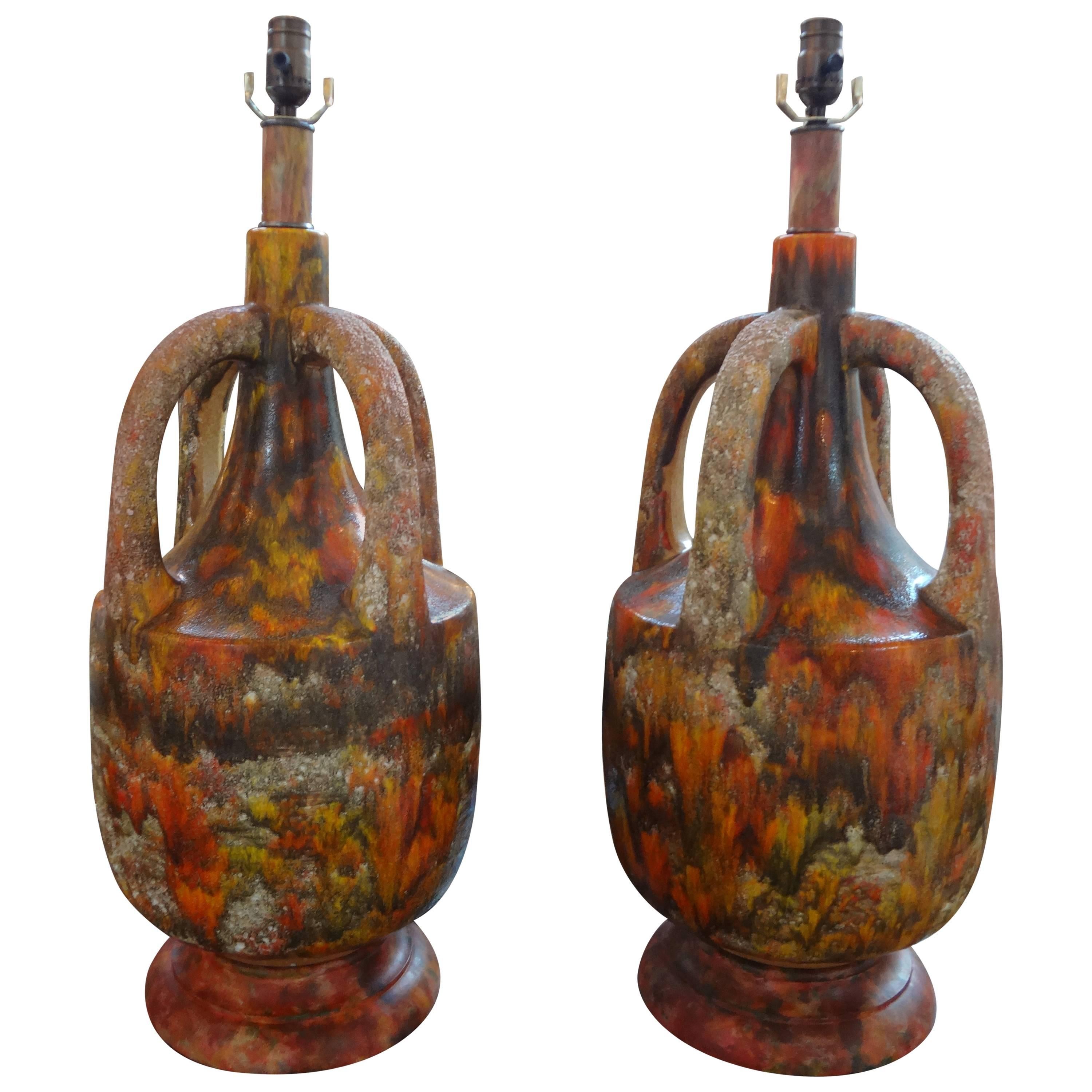Large Pair Of Italian Glazed Pottery Lava Lamps With Handles 31" H