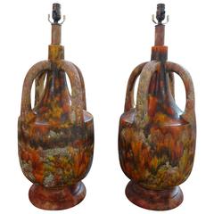 Large Pair Of Italian Glazed Pottery Lava Lamps With Handles 31" H