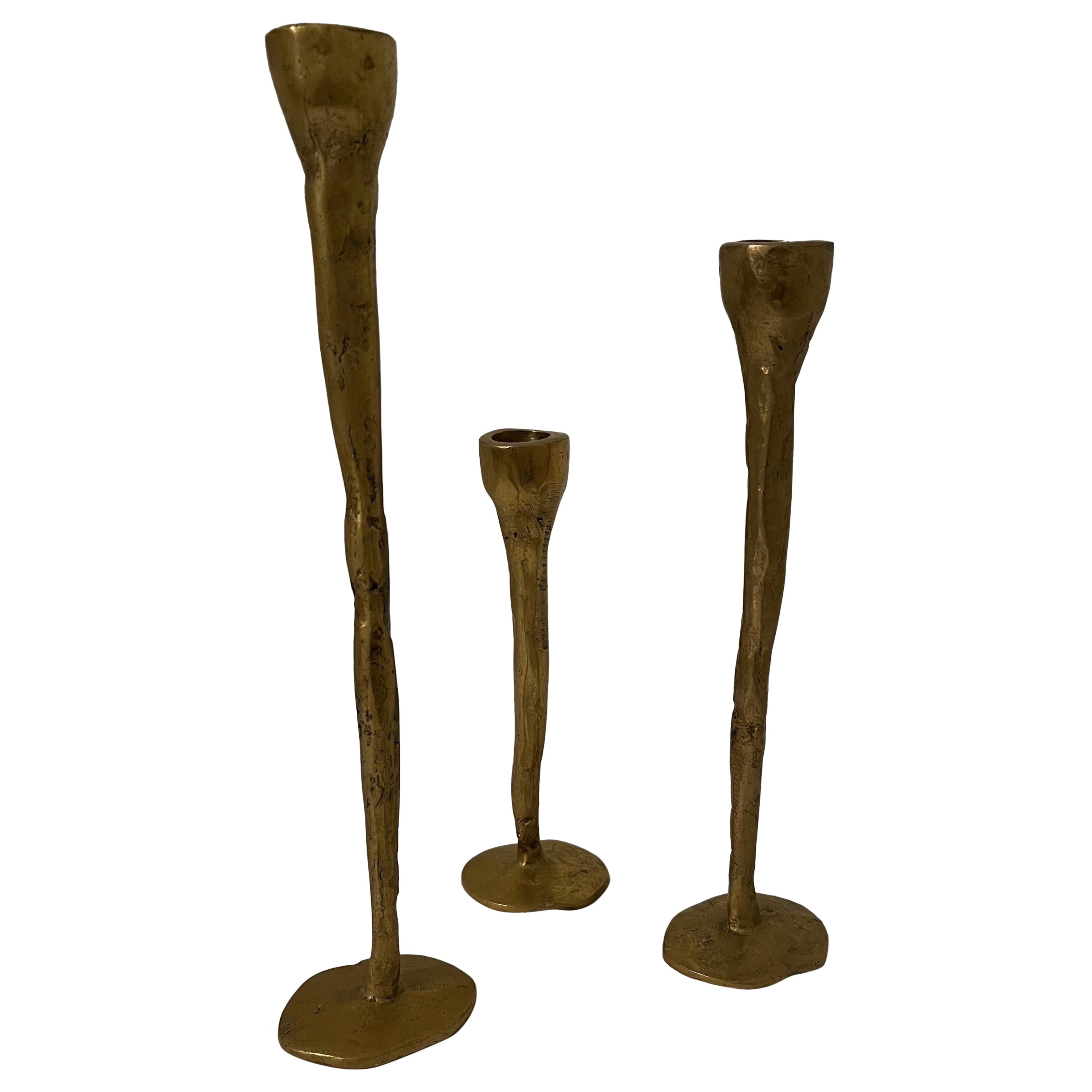 Trio Brutalist Bronze Candlesticks  For Sale