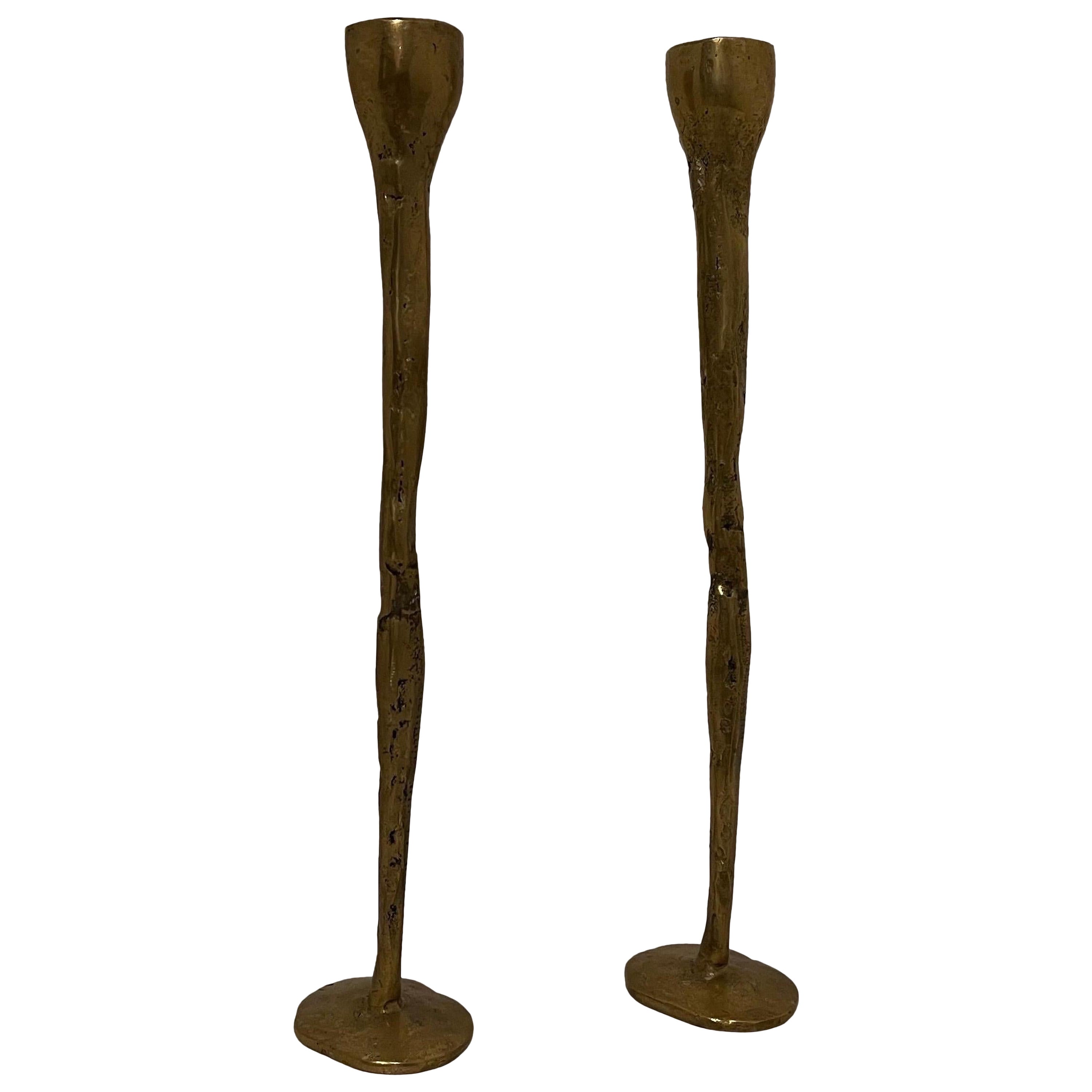 Tall Brutalist Bronze Candlesticks Pair H31cm For Sale
