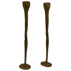 Tall Brutalist Bronze Candlesticks Pair H31cm
