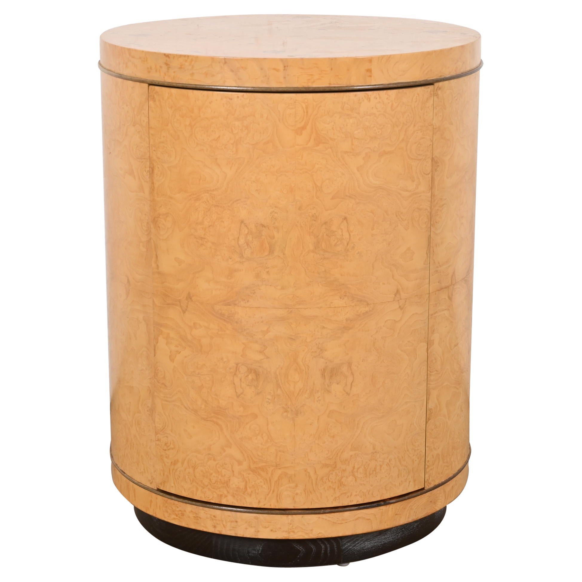 Table d'appoint tambour en bois de ronce de style Milo Baughman par Henredon en vente