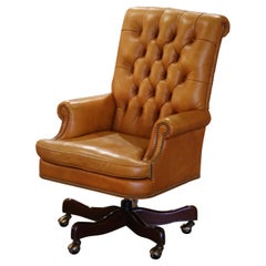 Vintage Tufted Leather Swivel-Tilt Desk Armchair on Casters by Hancock & Moore