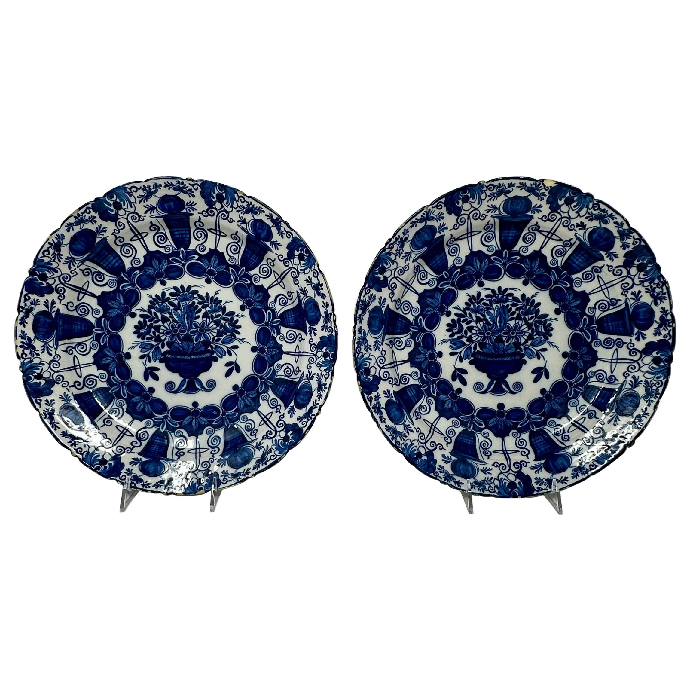 Pair Antique 18th Century Dutch Delft Blue & White Porcelain Chargers Circa 1780 For Sale