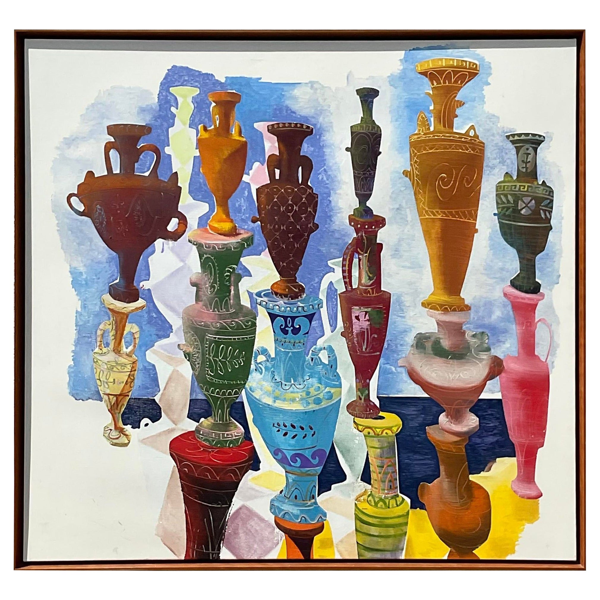 Monumentale peinture à l'huile originale d'urnes sur toile des années 1980