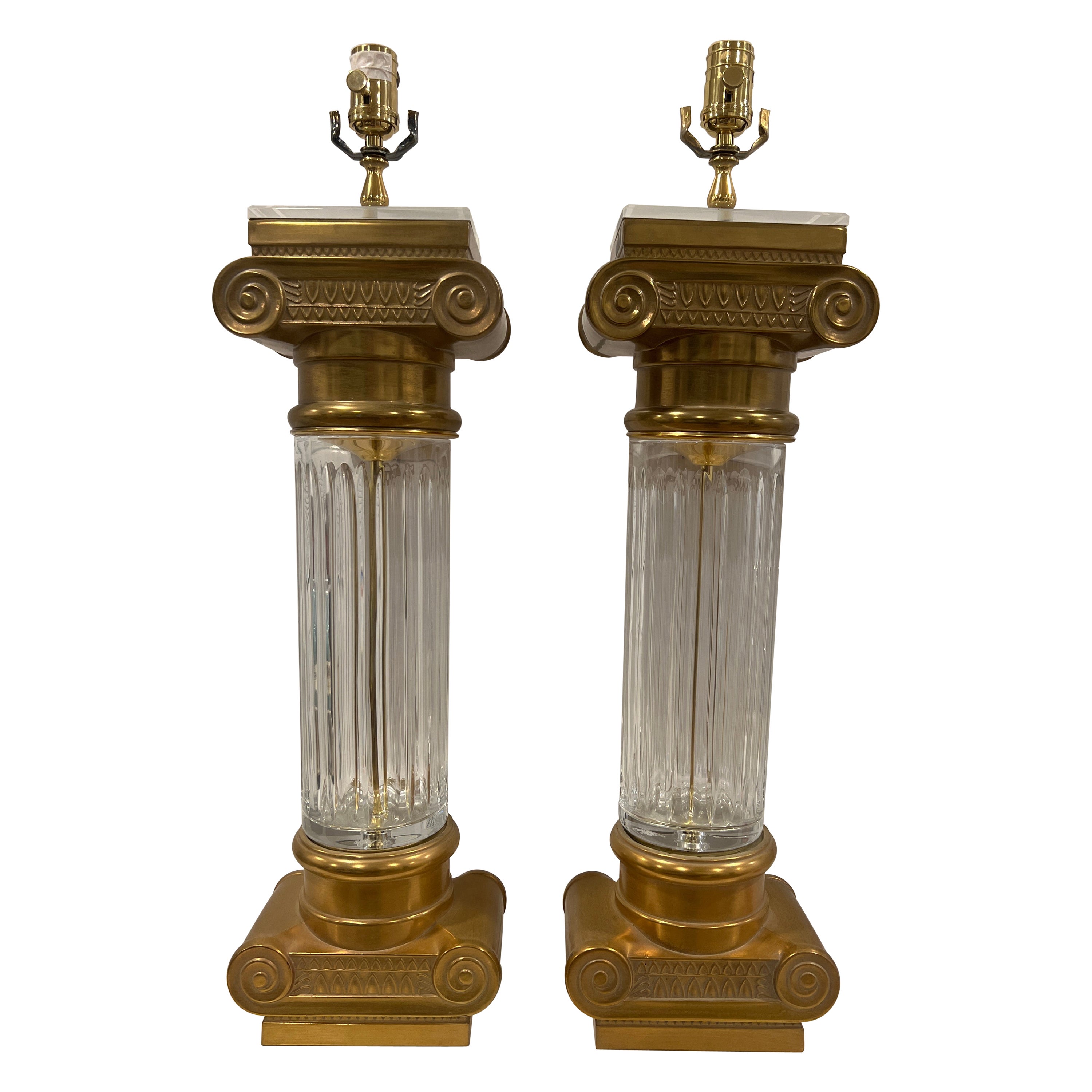 Pair, Vintage Hollywood Regency Style Crystal & Brass Column Table Lamps For Sale