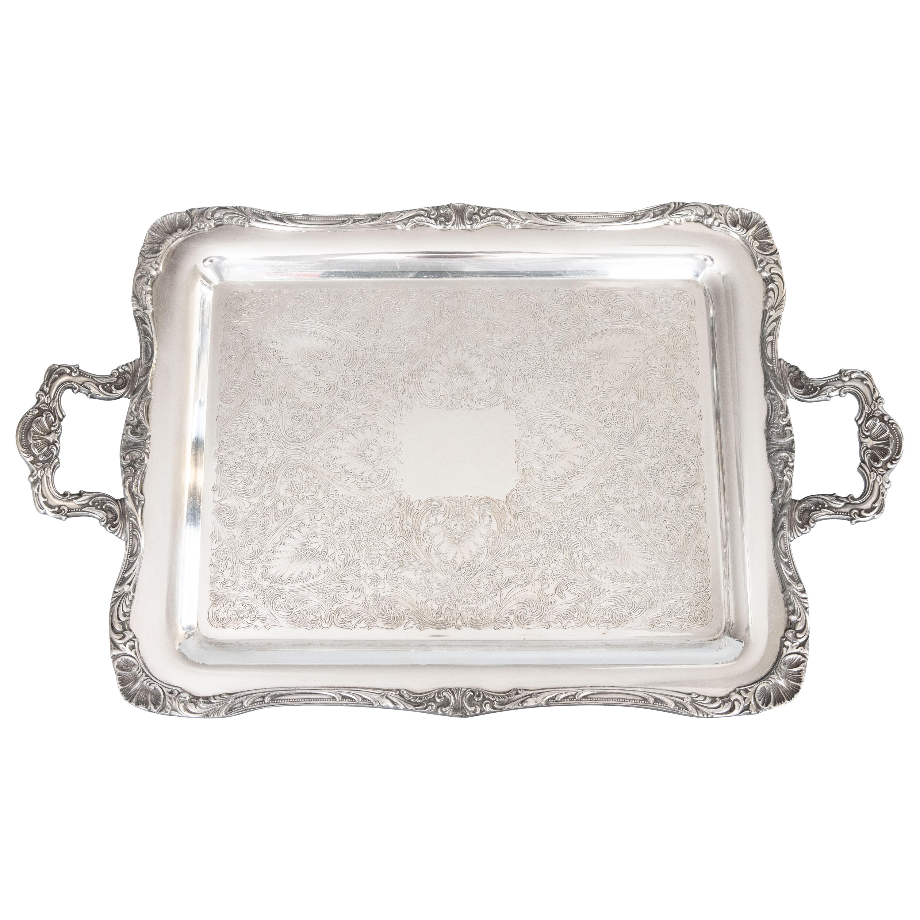 Wm Rogers Silver Plate Footed Rectangular Serving Tray With Handles, circa 1950