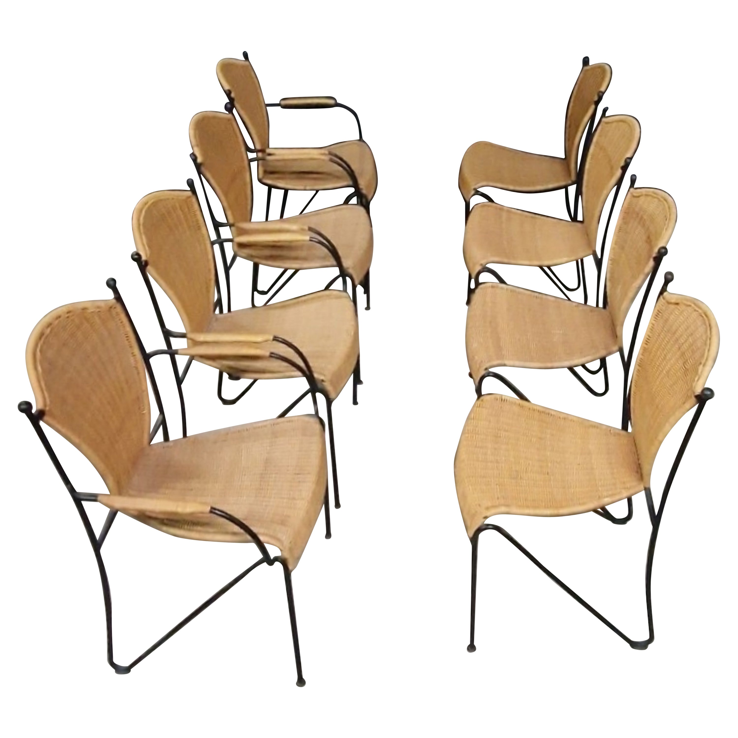 set of 8 wicker and iron dining chairs For Sale