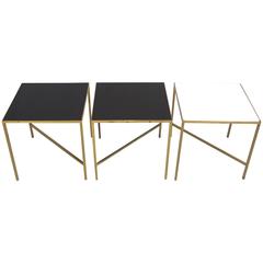 Set of Three Brass and Vitrolite Glass Tables in the Style of Paul McCobb