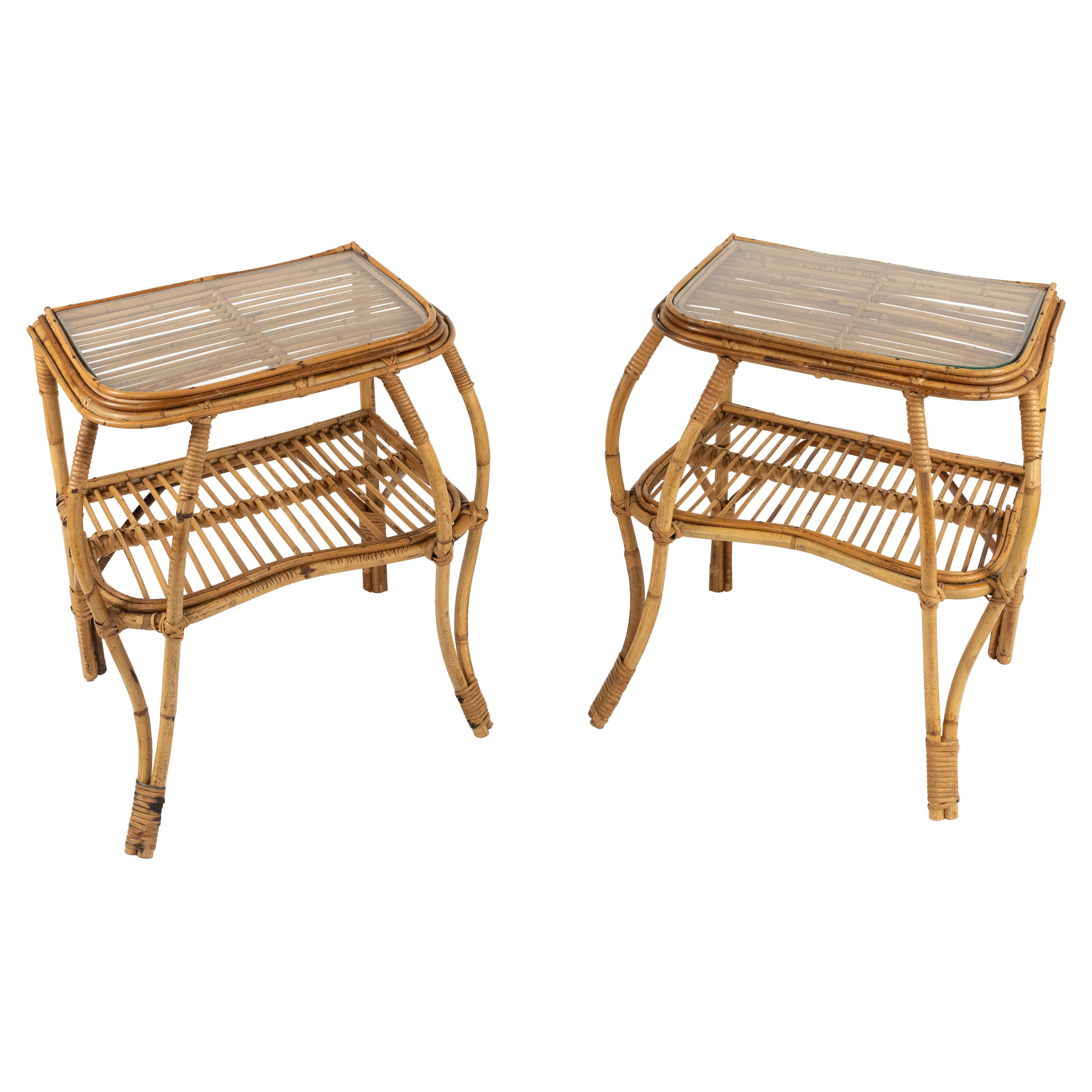 Midcentury Rattan, Bamboo and Glass Pair of Side Tables, Italy 1960s