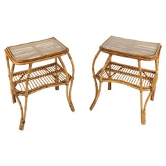 Retro Midcentury Rattan, Bamboo and Glass Pair of Side Tables, Italy 1960s