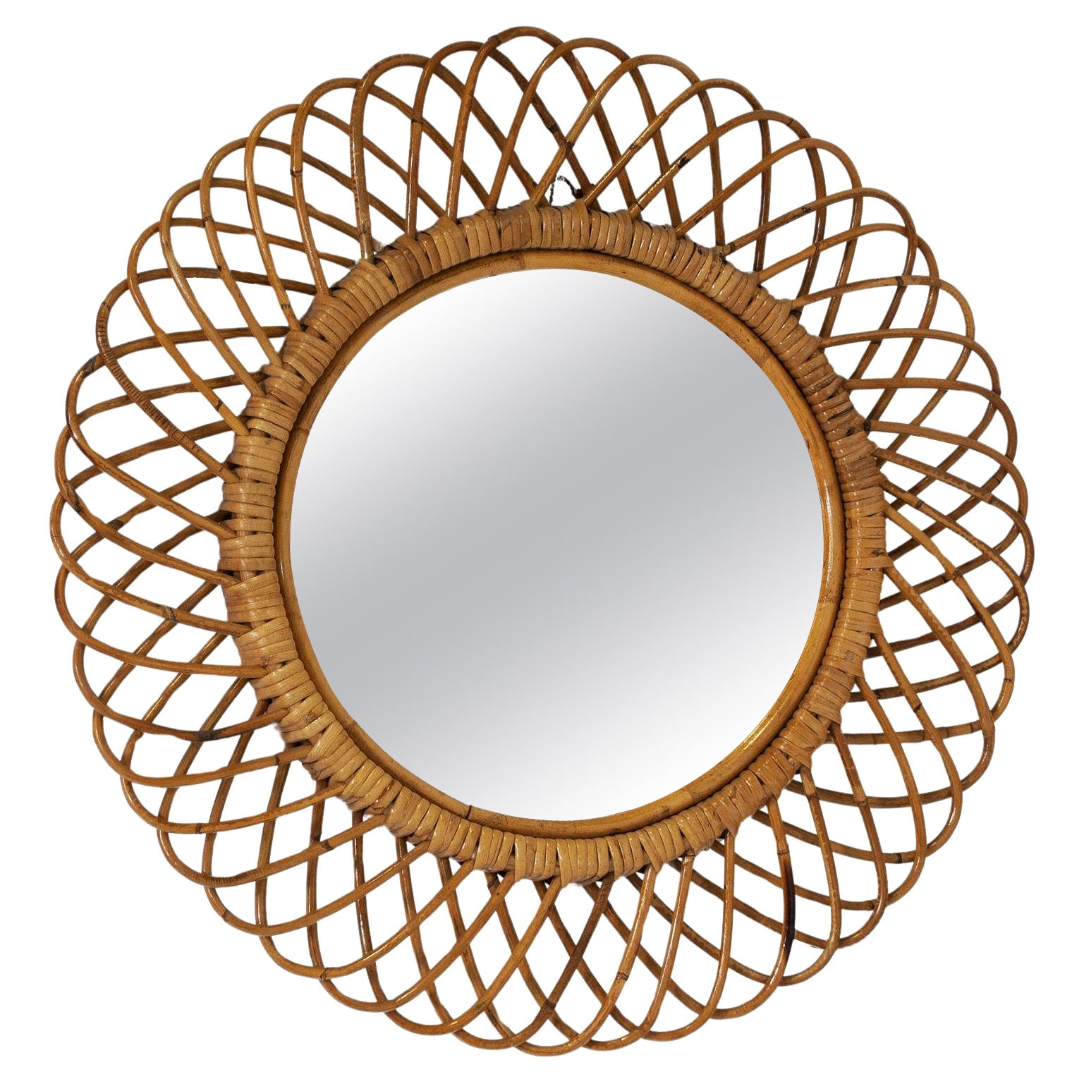 Italian Round mirror with woven wicker (india cane) frame. For Sale