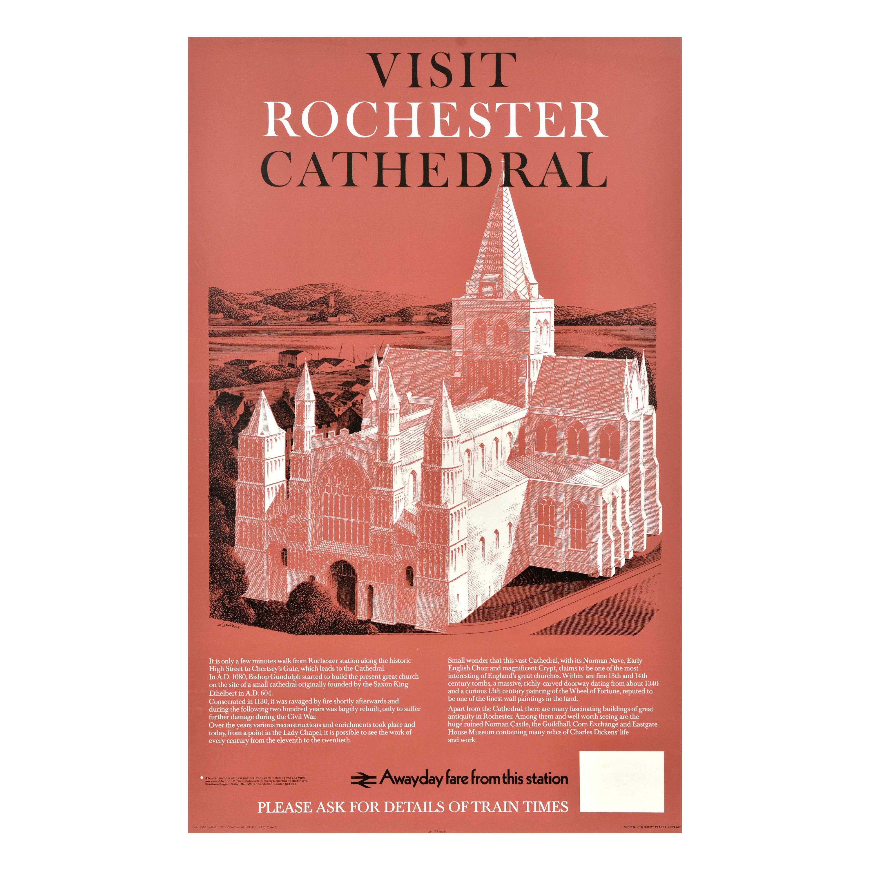 Affiche rétro originale de voyage en train, cathédrale de Rochester et plateau de chemin de fer britannique en vente