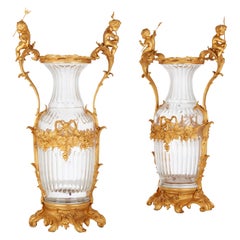 Used Large Pair of French Rococo Style Ormolu-Mounted Cut Glass Vases 