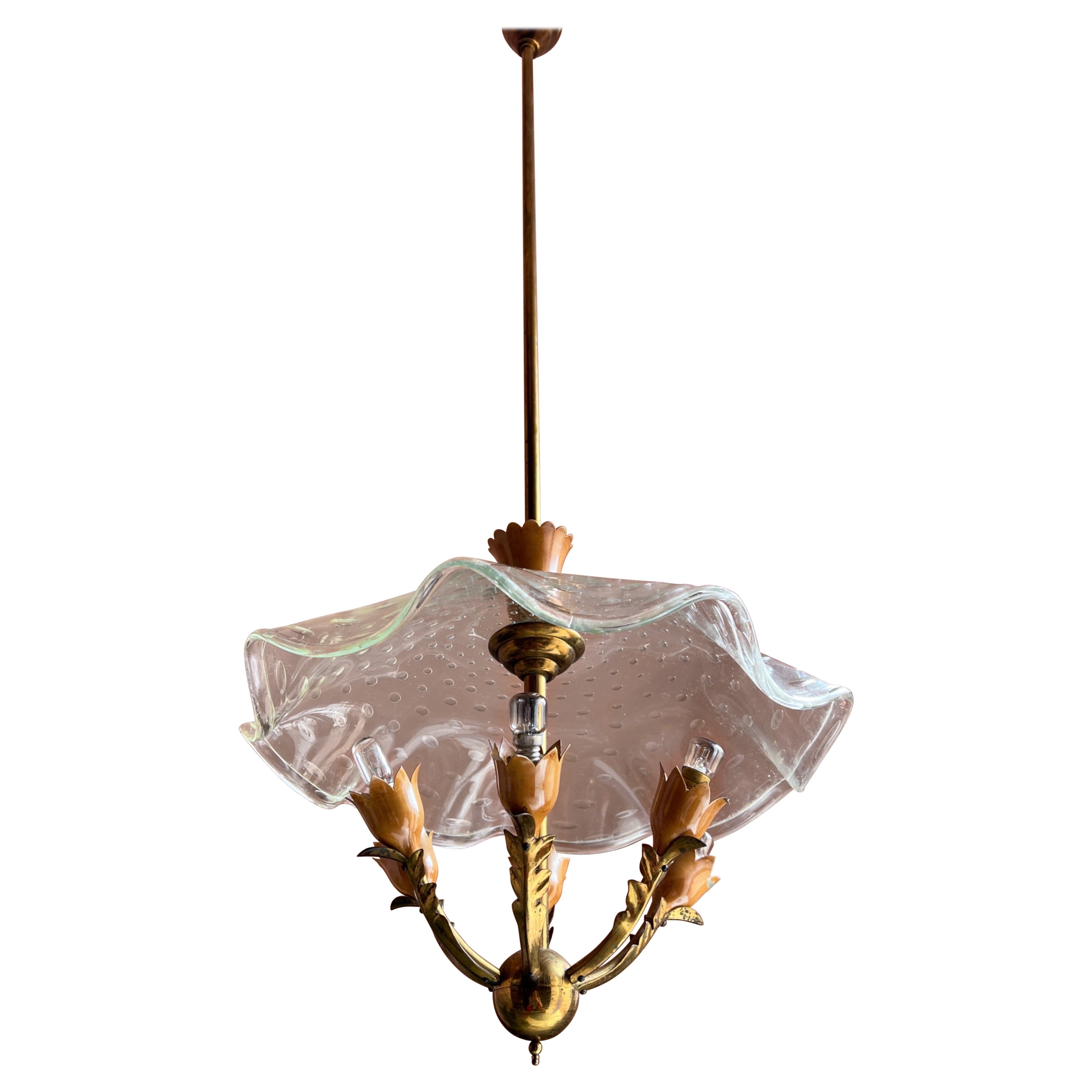 Gio Ponti (attributed to), chandelier with brass structure and murano glass hat  For Sale