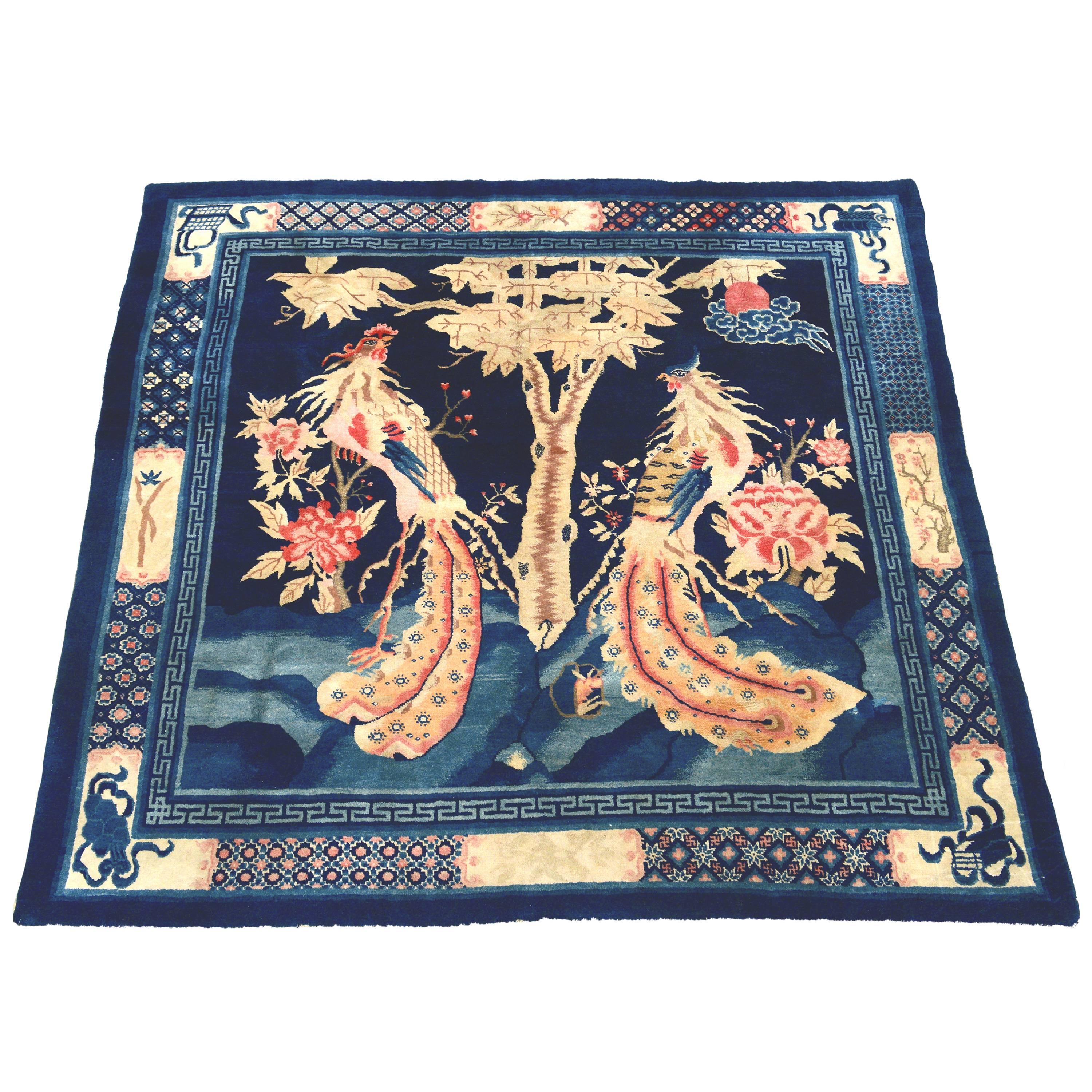 Antique Blue 19th Century Peking Chinese Ceremonial Carpet with Phoenix Birds