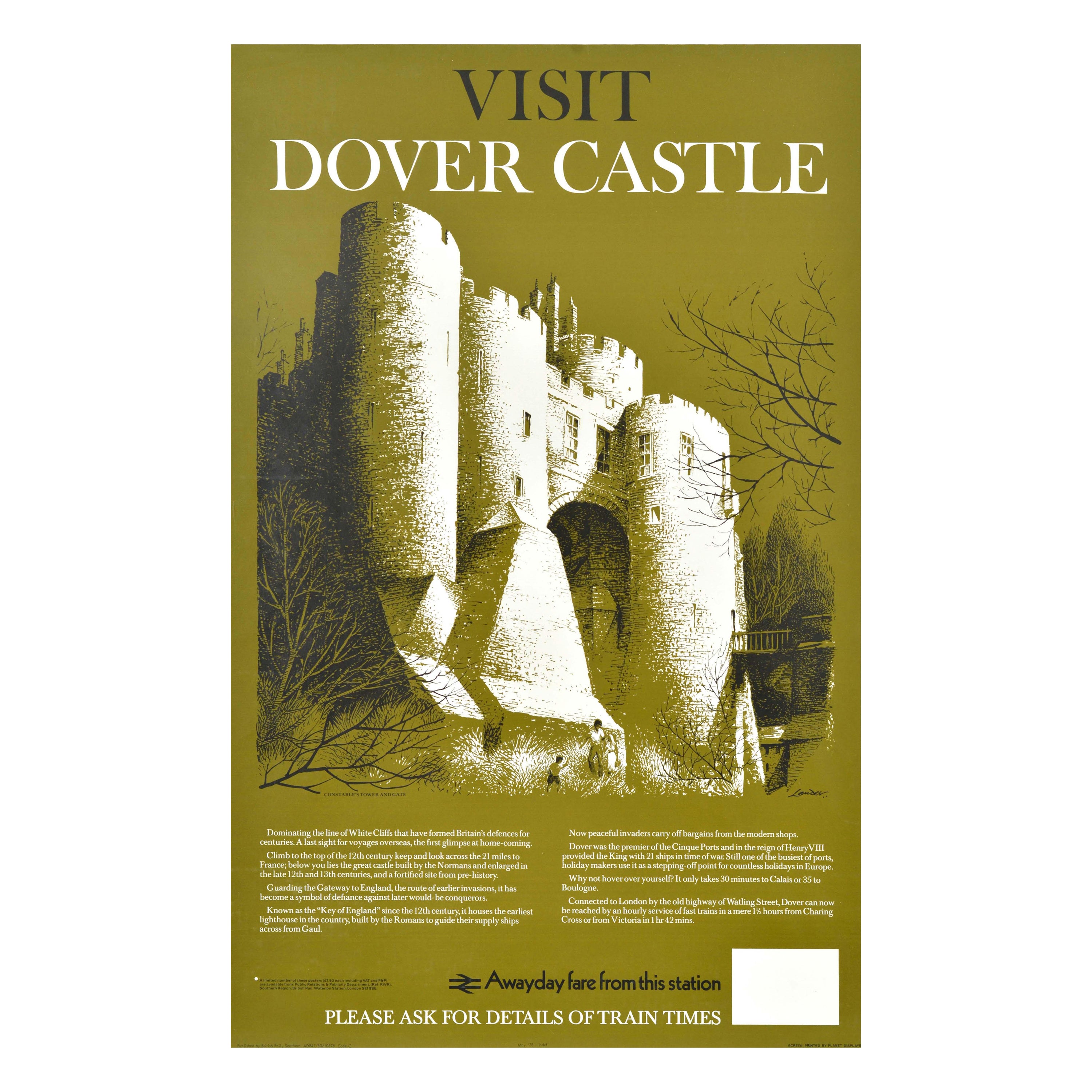 Affiche vintage originale de voyage en train, château de Dover, British Rail Reginald Lander