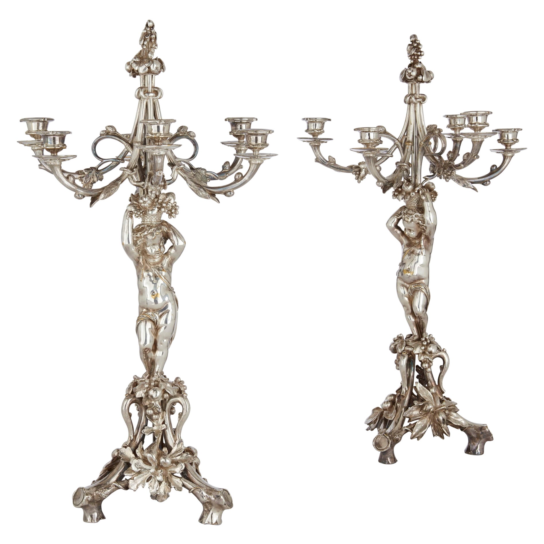 Pair of Six-Light Silvered Bronze Candelabra Attributed to Christofle For Sale