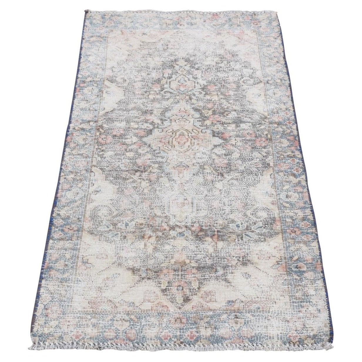 Ivory Vintage Persian Kerman Hand Knotted Soft Wool Worn Down Mat Rug 1'10"x3'9" For Sale