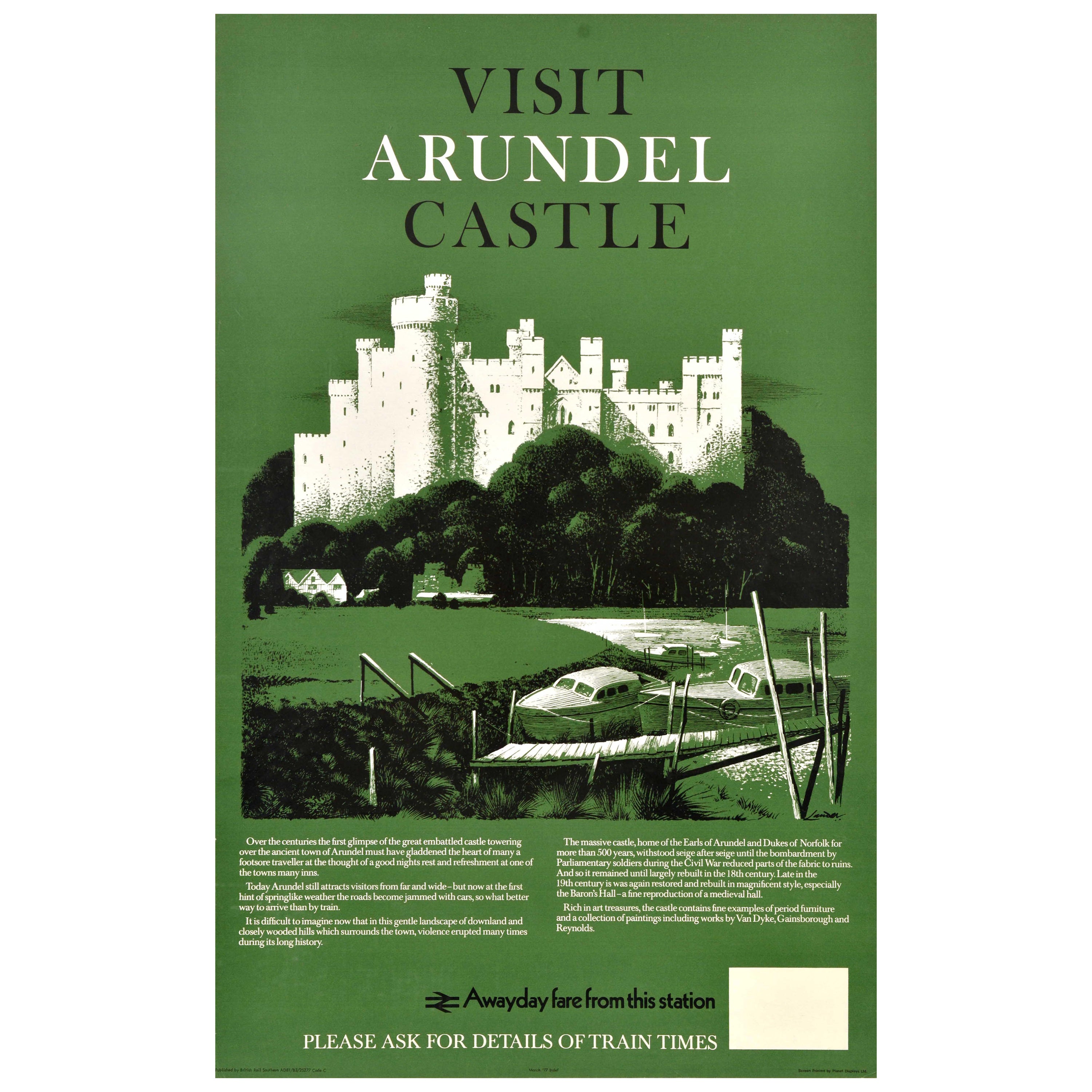 Original Vintage Train Travel Poster Arundel Castle British Rail Reginald Lander For Sale