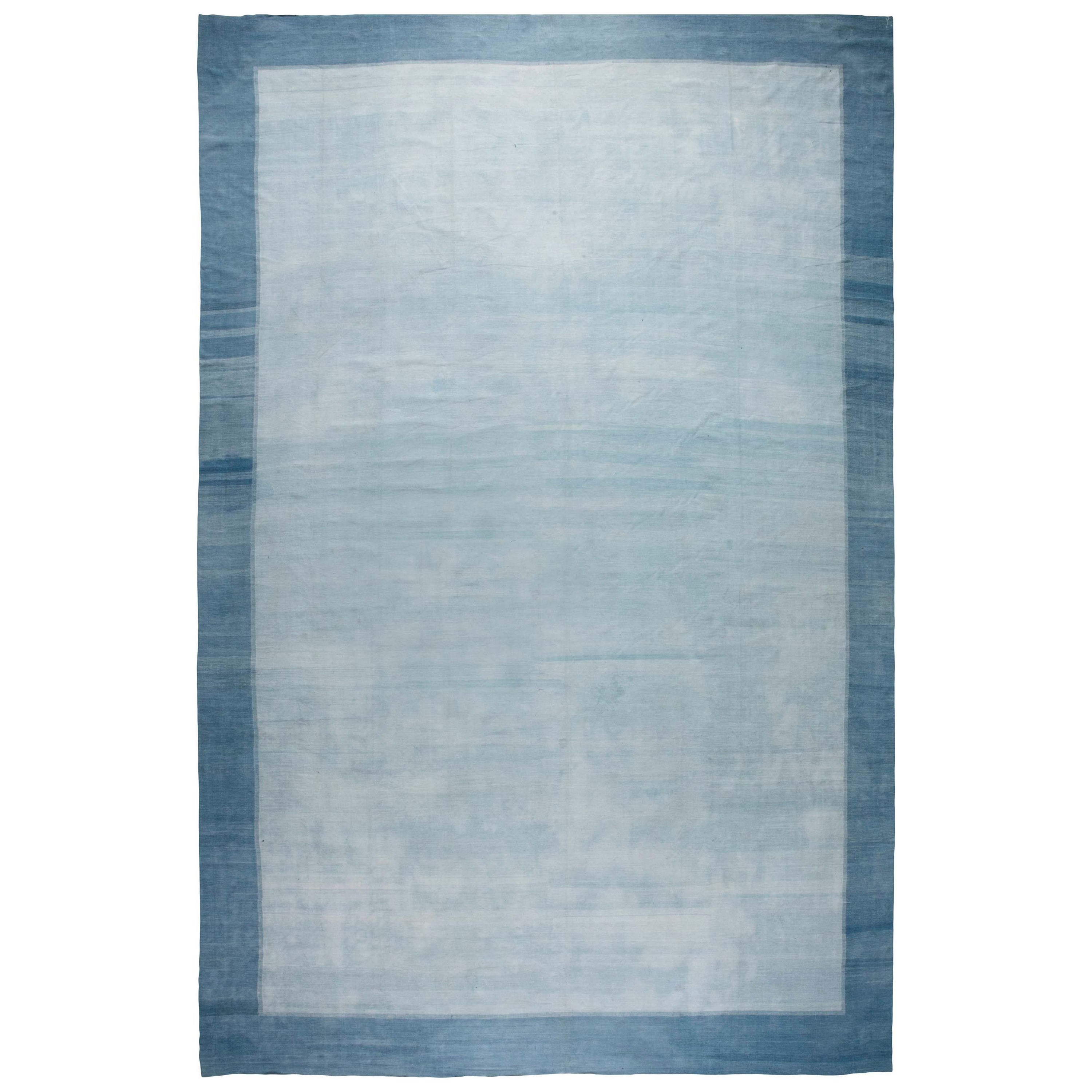 Midcentury Indian Dhurrie Blue Handmade Cotton Rug For Sale