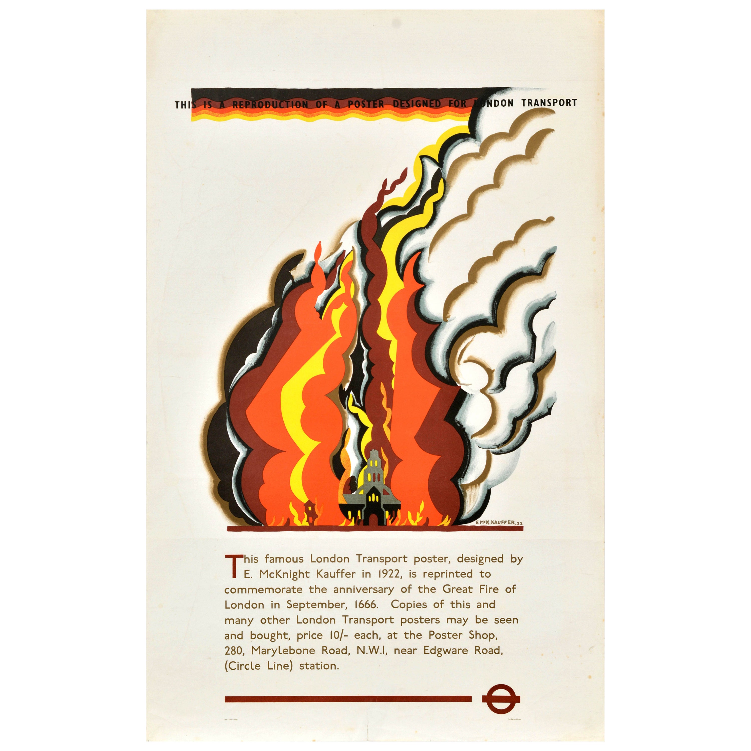Affiche rétro officielle du grand incendie de Londres Transport Kauffer en vente