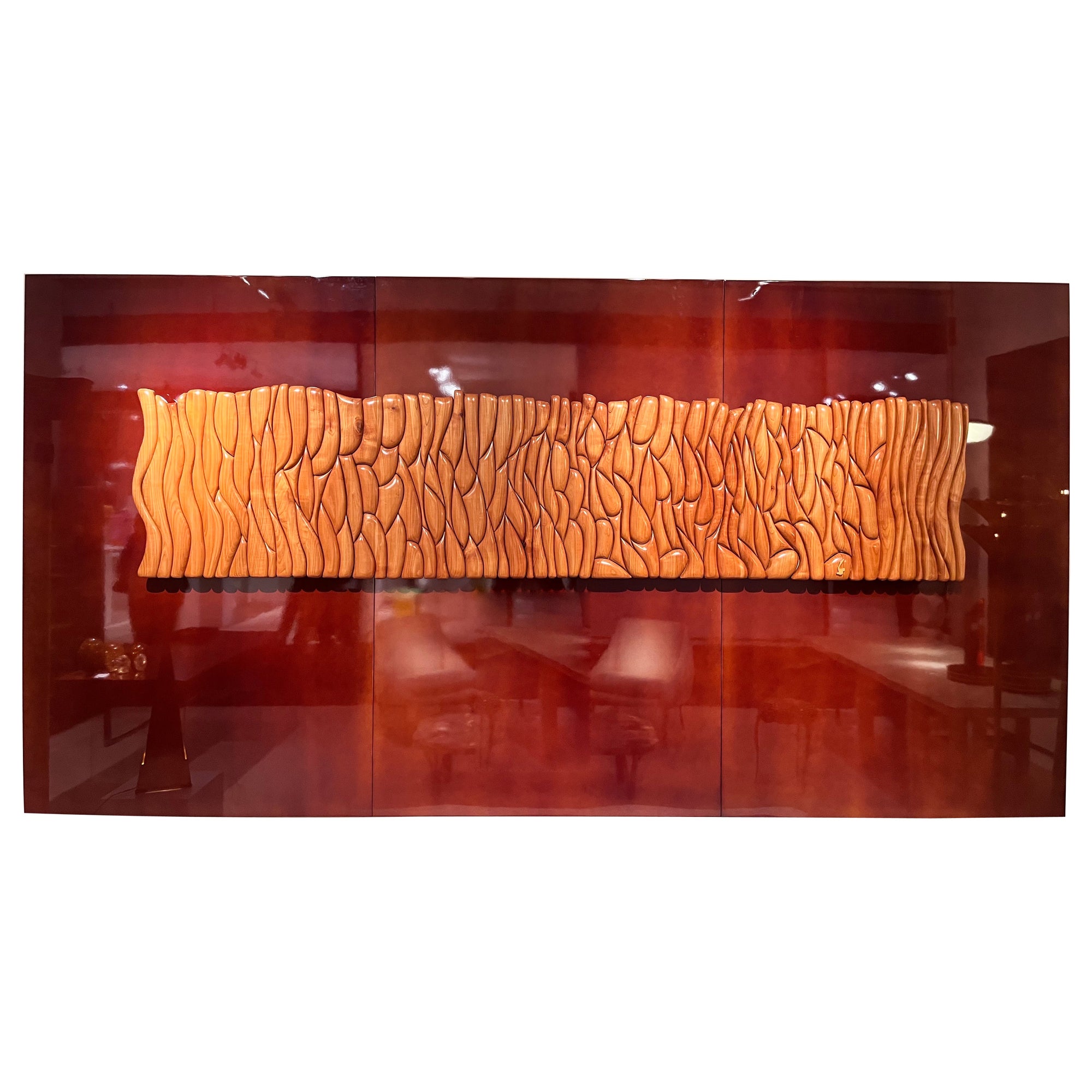 Solid ash wood sculpture panel on lacquered wood by Lucien Bénière For Sale