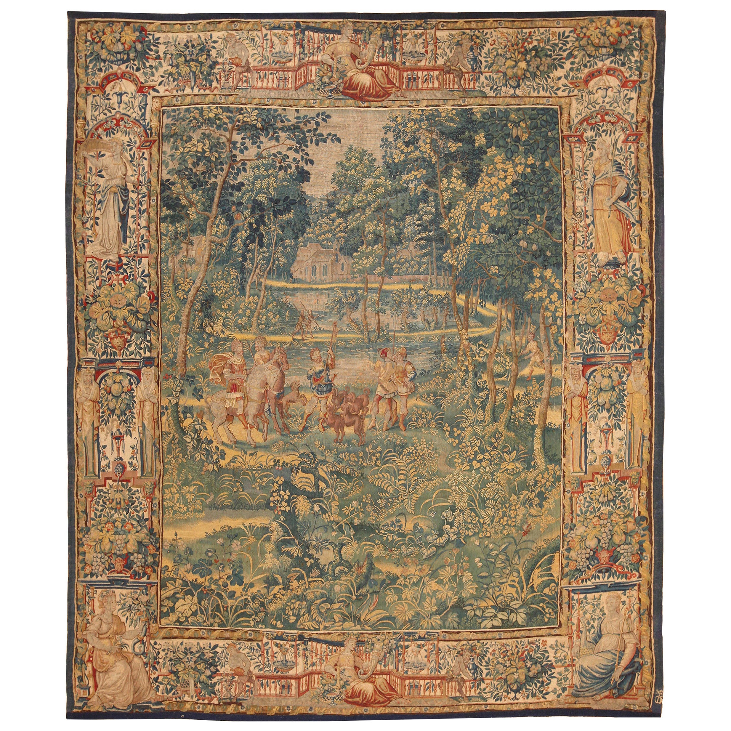 Superbe tapisserie française ancienne du 17ème siècle en laine et soie 8'7" x 10'3" en vente
