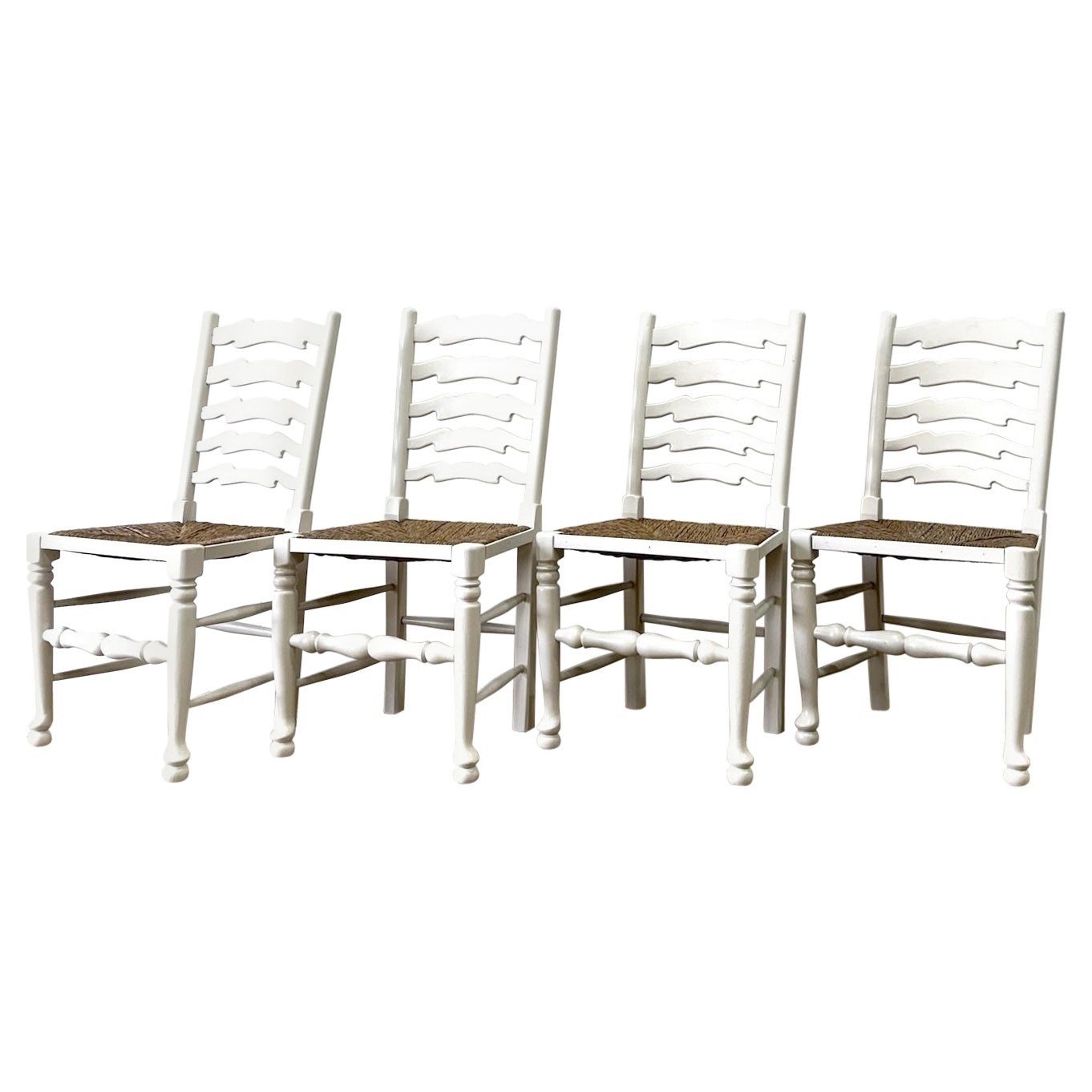 A Set of 4 Ladderback Rush Seat Chairs Painted White For Sale