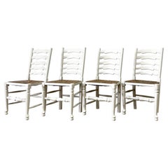 Vintage A Set of 4 Ladderback Rush Seat Chairs Painted White