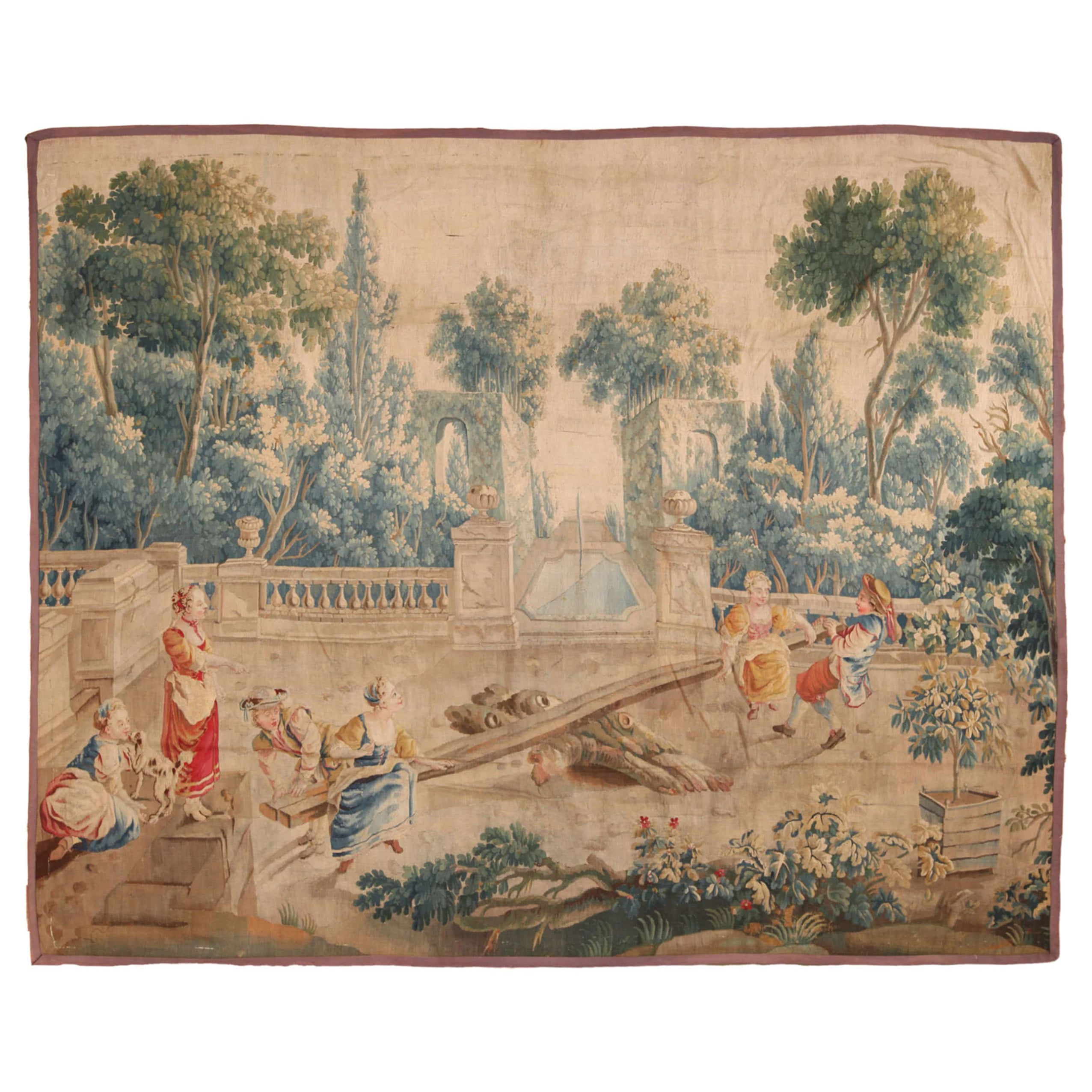 Romantic 17th Century Wool and Silk Antique Wall French Tapestry 8'1" x 9'7" For Sale