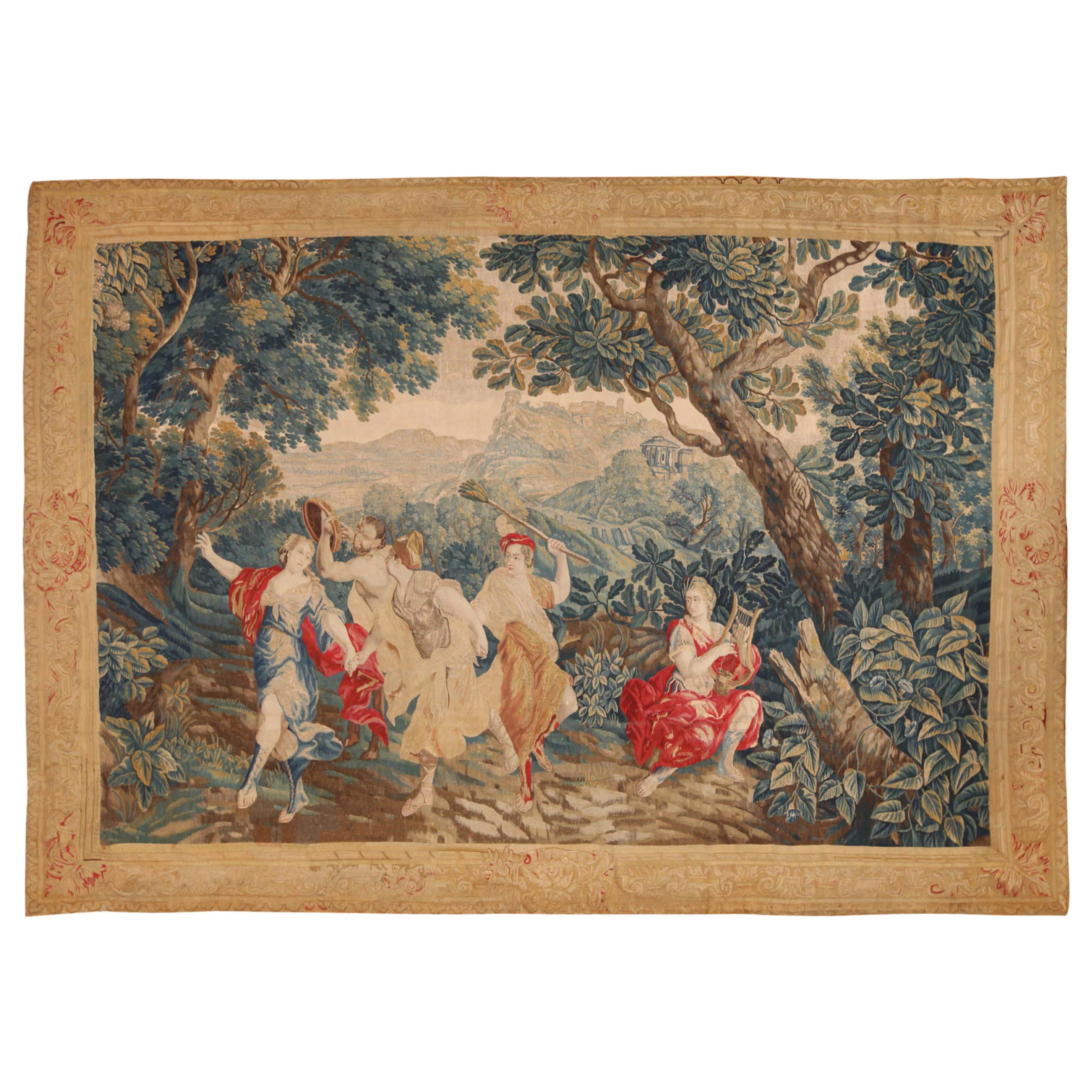 Superbe tapisserie française ancienne du 17ème siècle en laine et soie de 8' x 11'4"