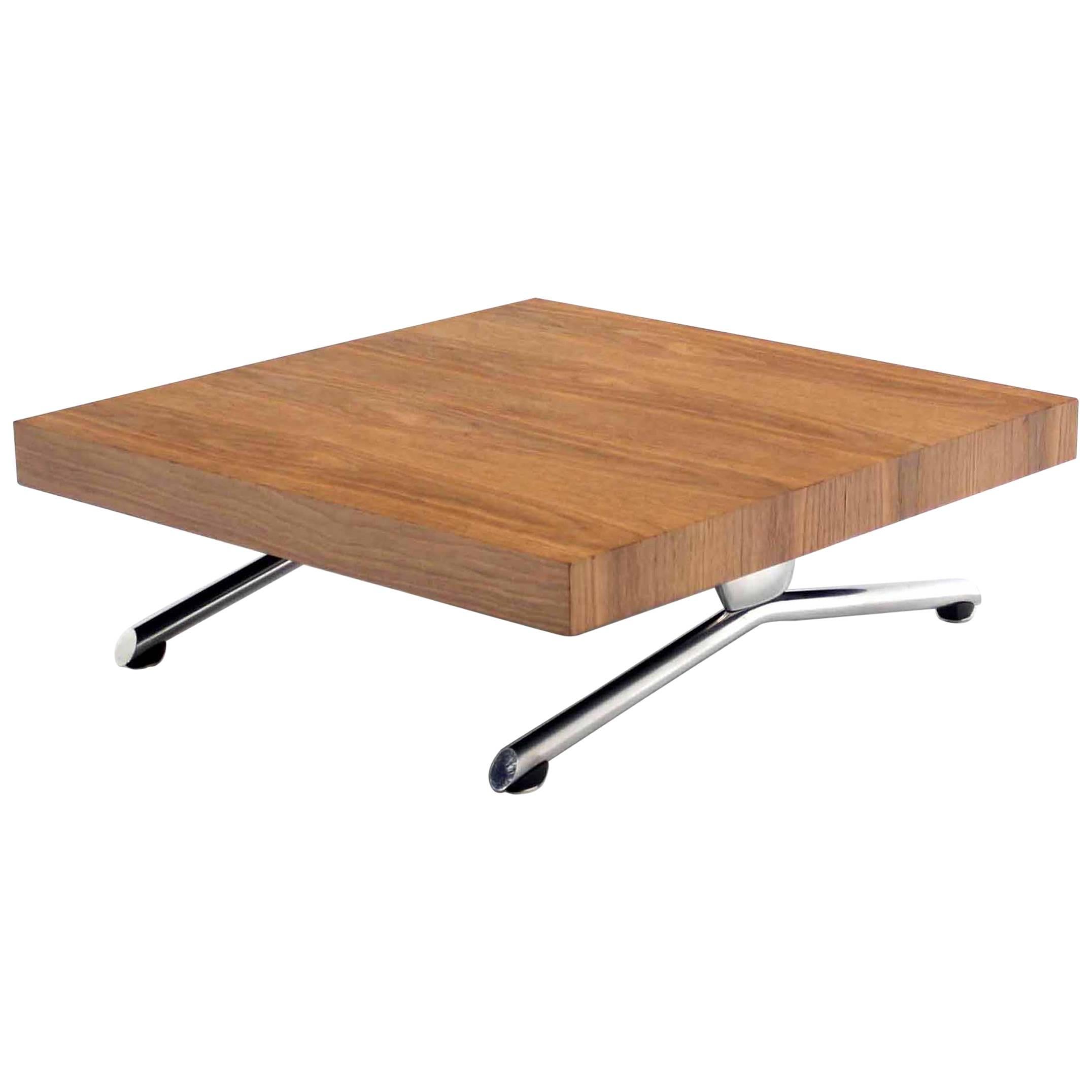 Massive Large Square Walnut Top Chrome Base Coffee Table For Sale