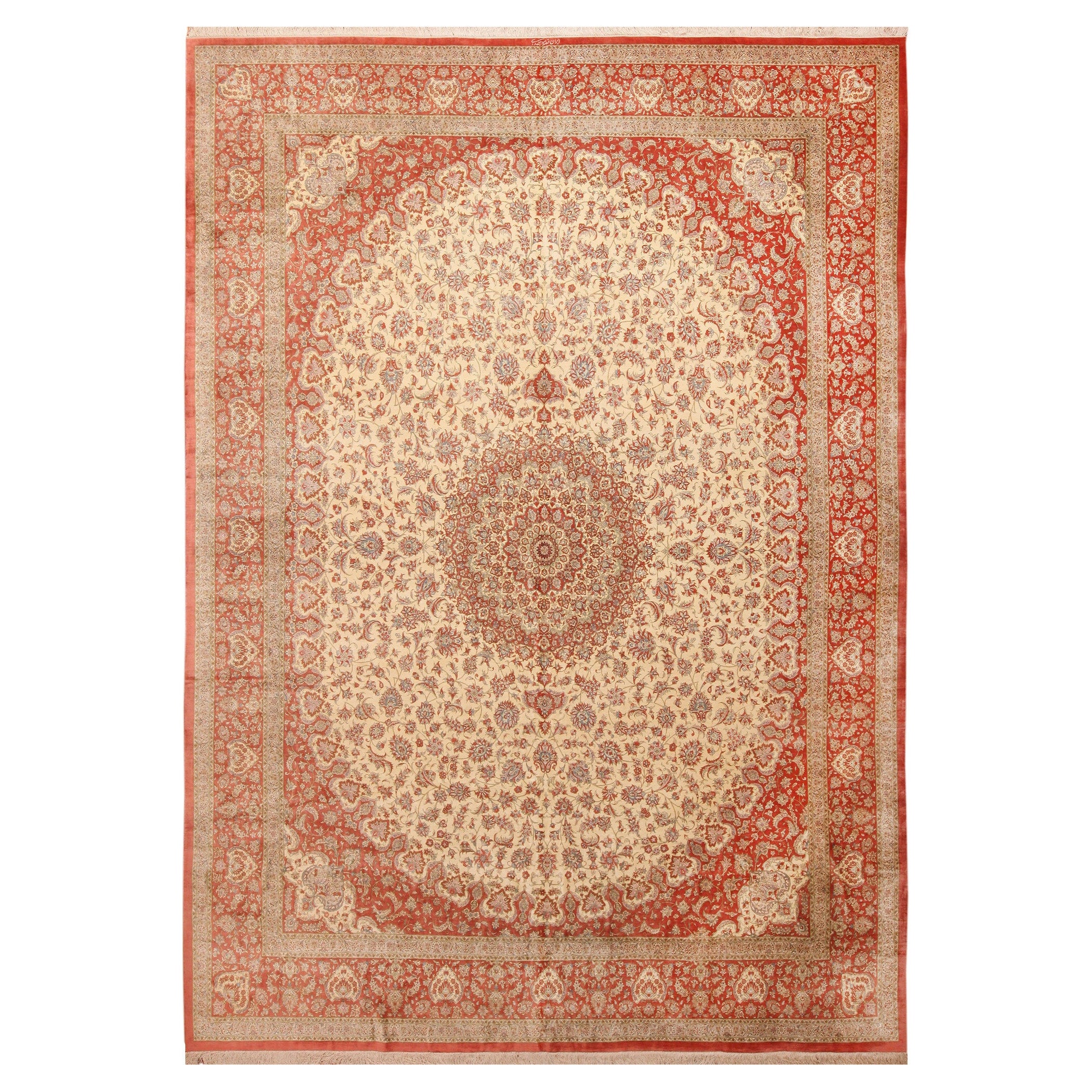 Beautiful Fine Room Size Vintage Persian Silk Qum Rug 10' x 13'4" For Sale