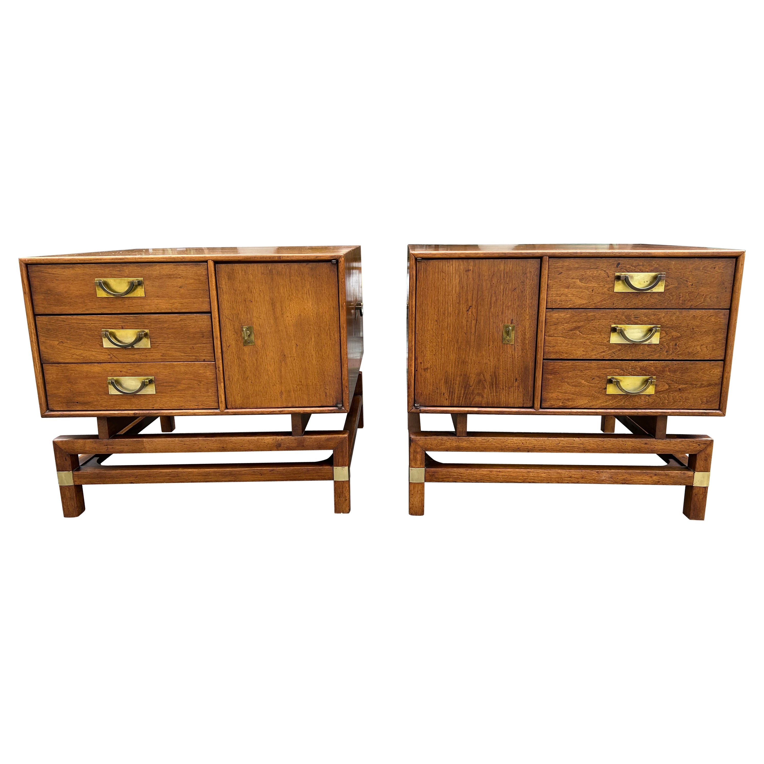 Handsome Pair Campaign style 'Tung Si' Collection Side Table Nightstands  For Sale